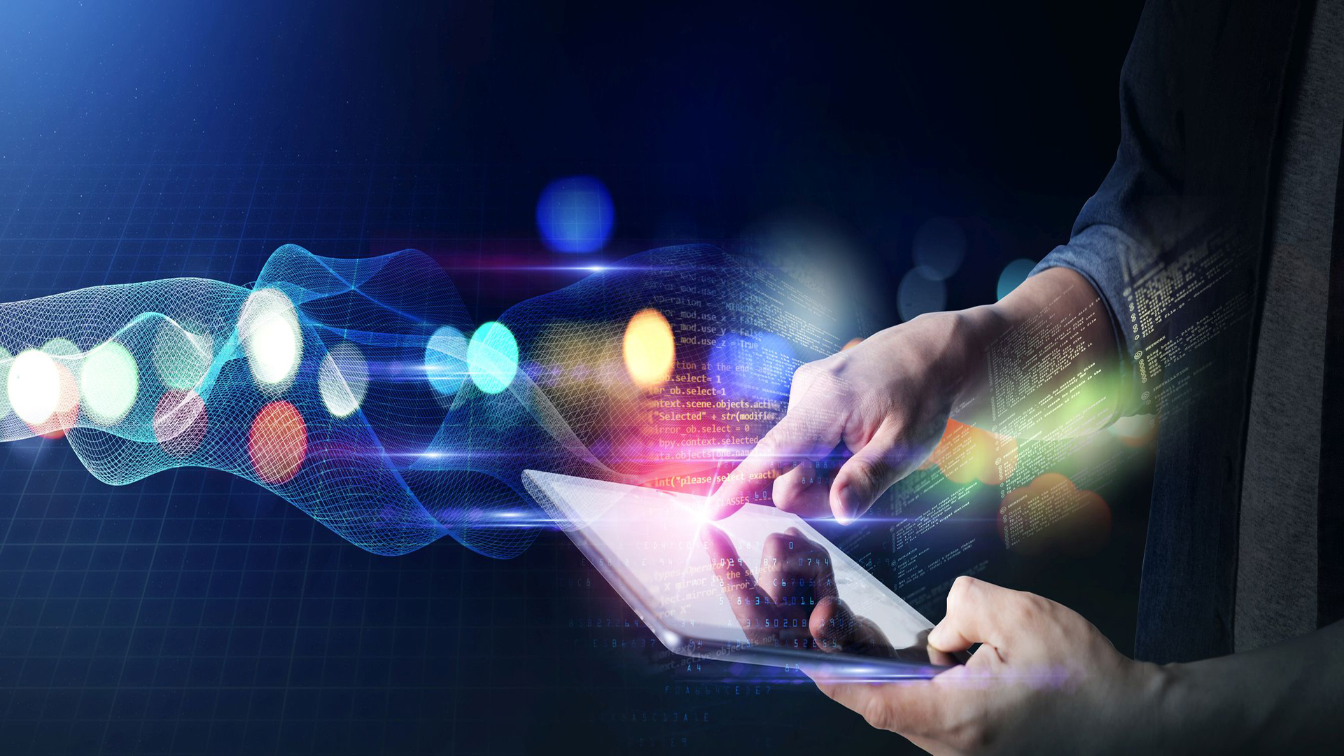 Futuristic picture of a tablet computer in person's hand