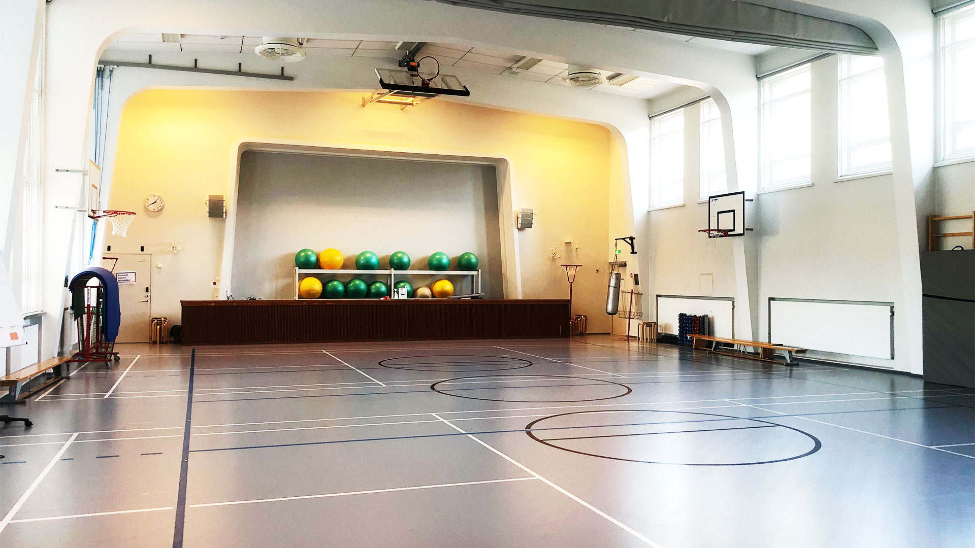There´s in the back in a shelf gym balls. On the floor is painted lines for different ball games