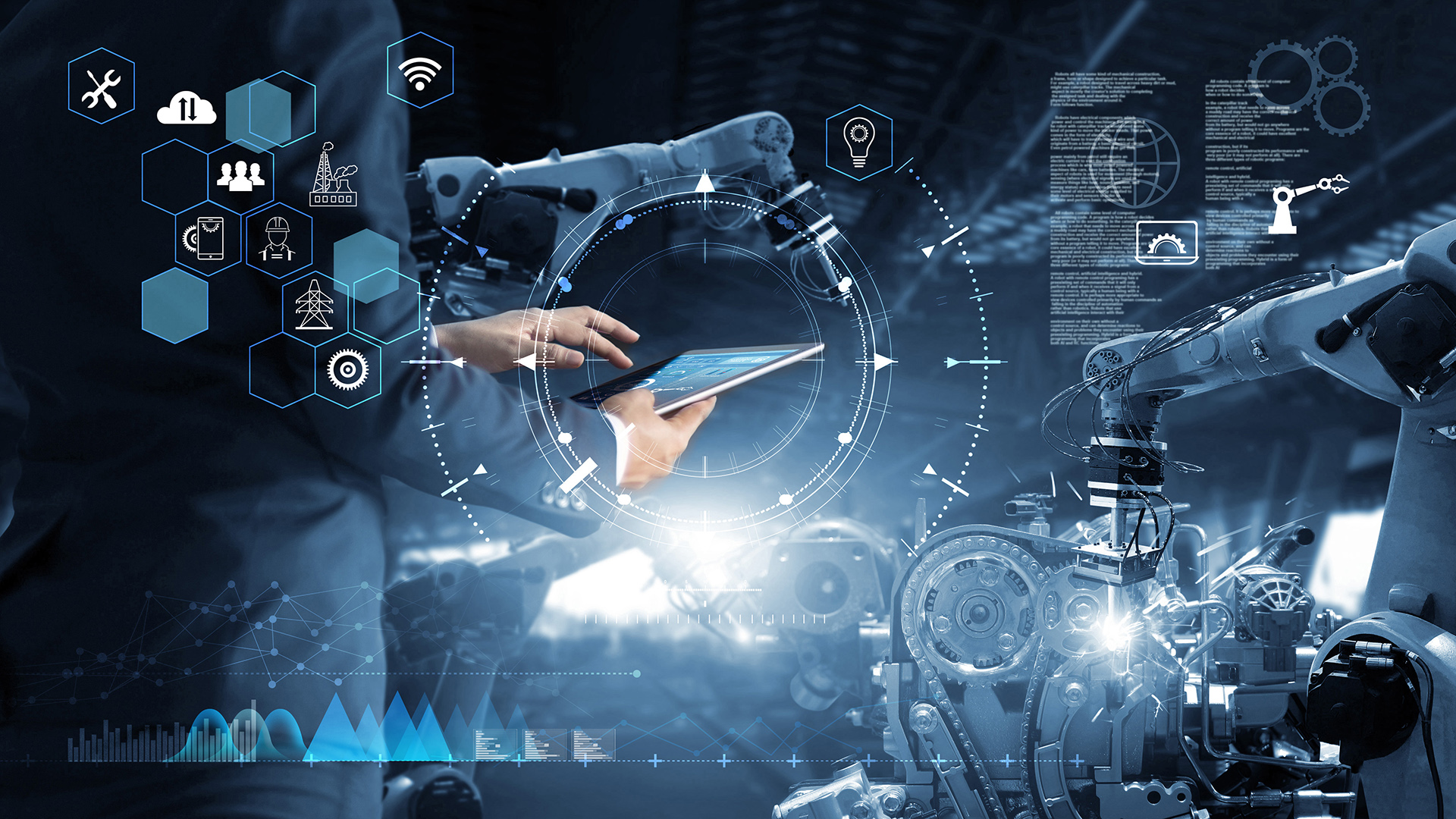 Kollaasikuva roboteista, ihmisestä ja teknisistä ikoneista