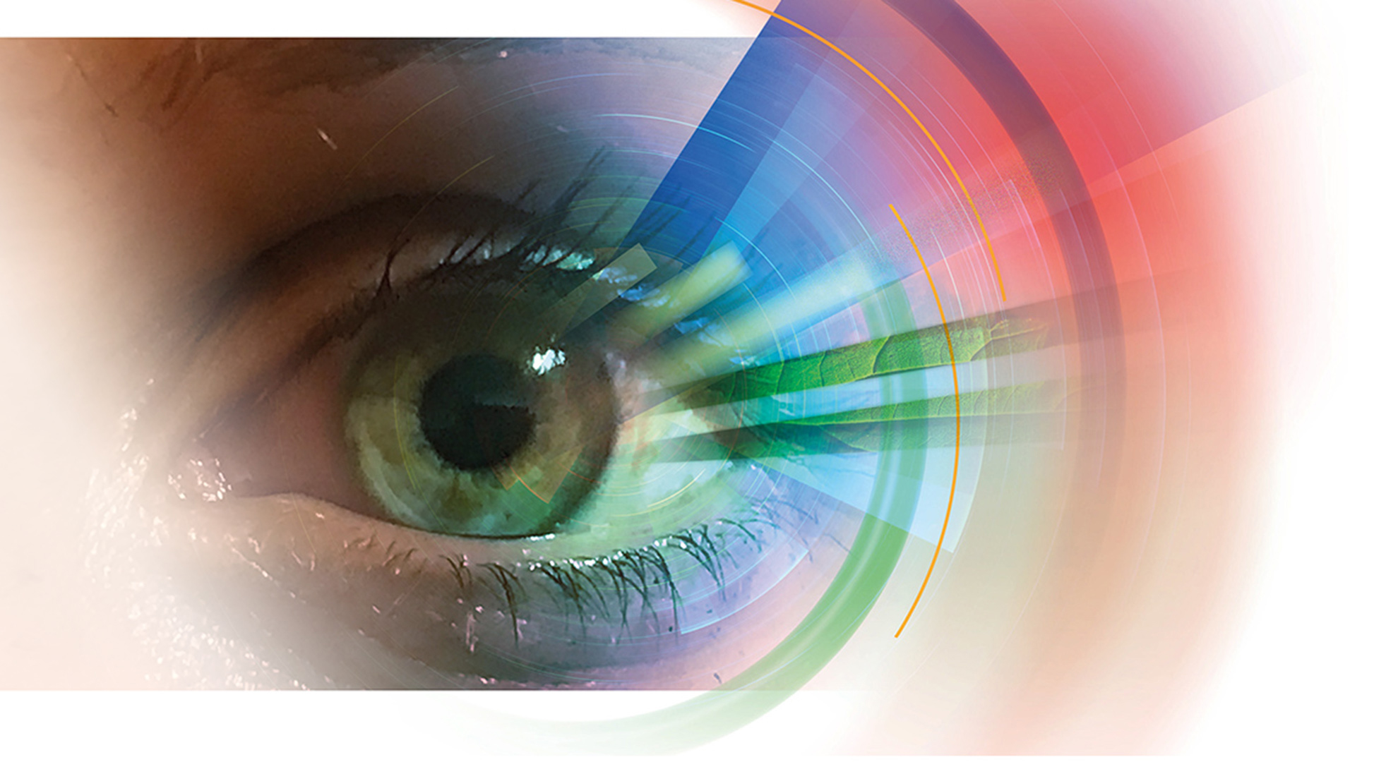 large human eye with colourful spheres and lines around it
