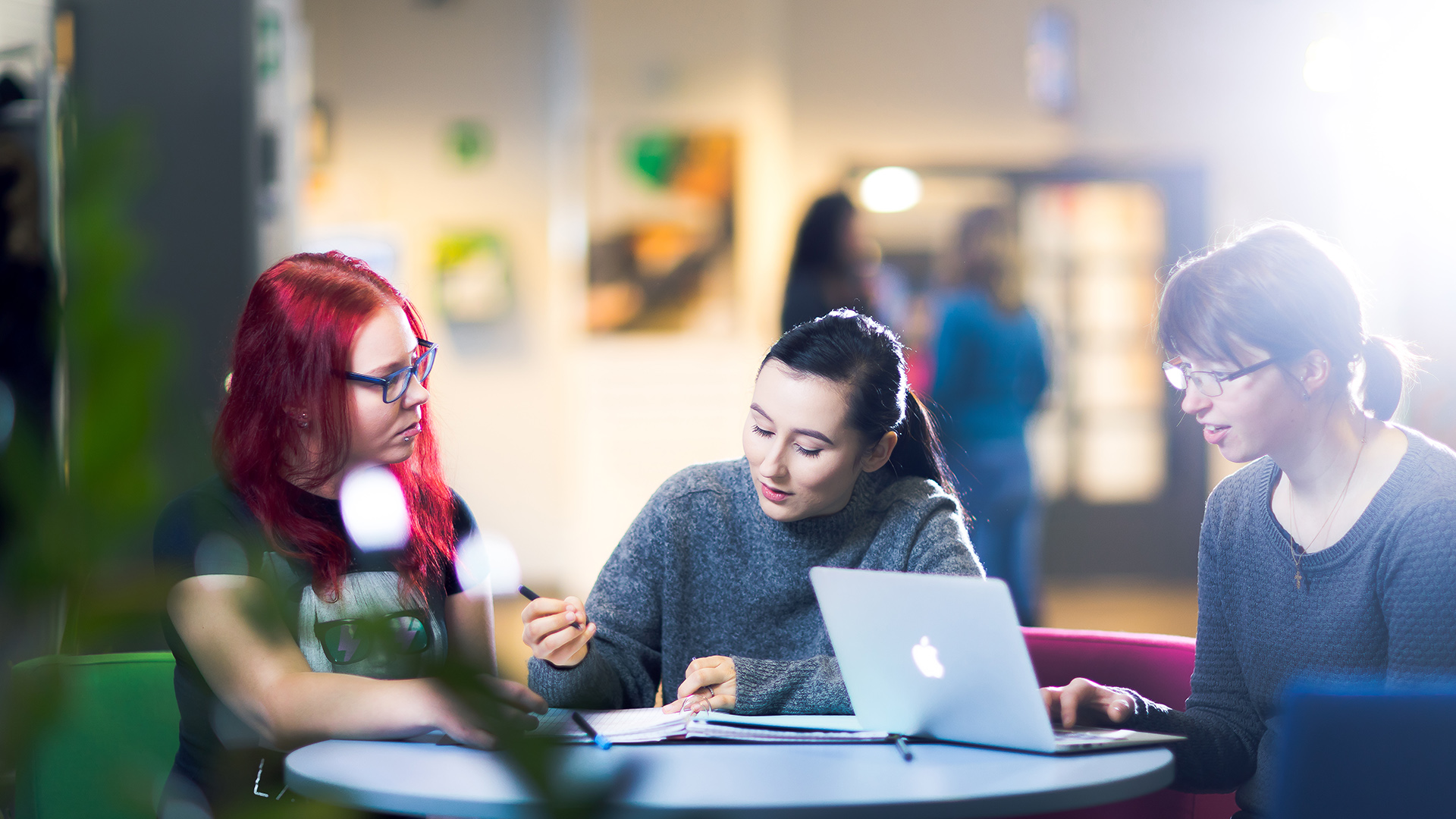 Students and a group work