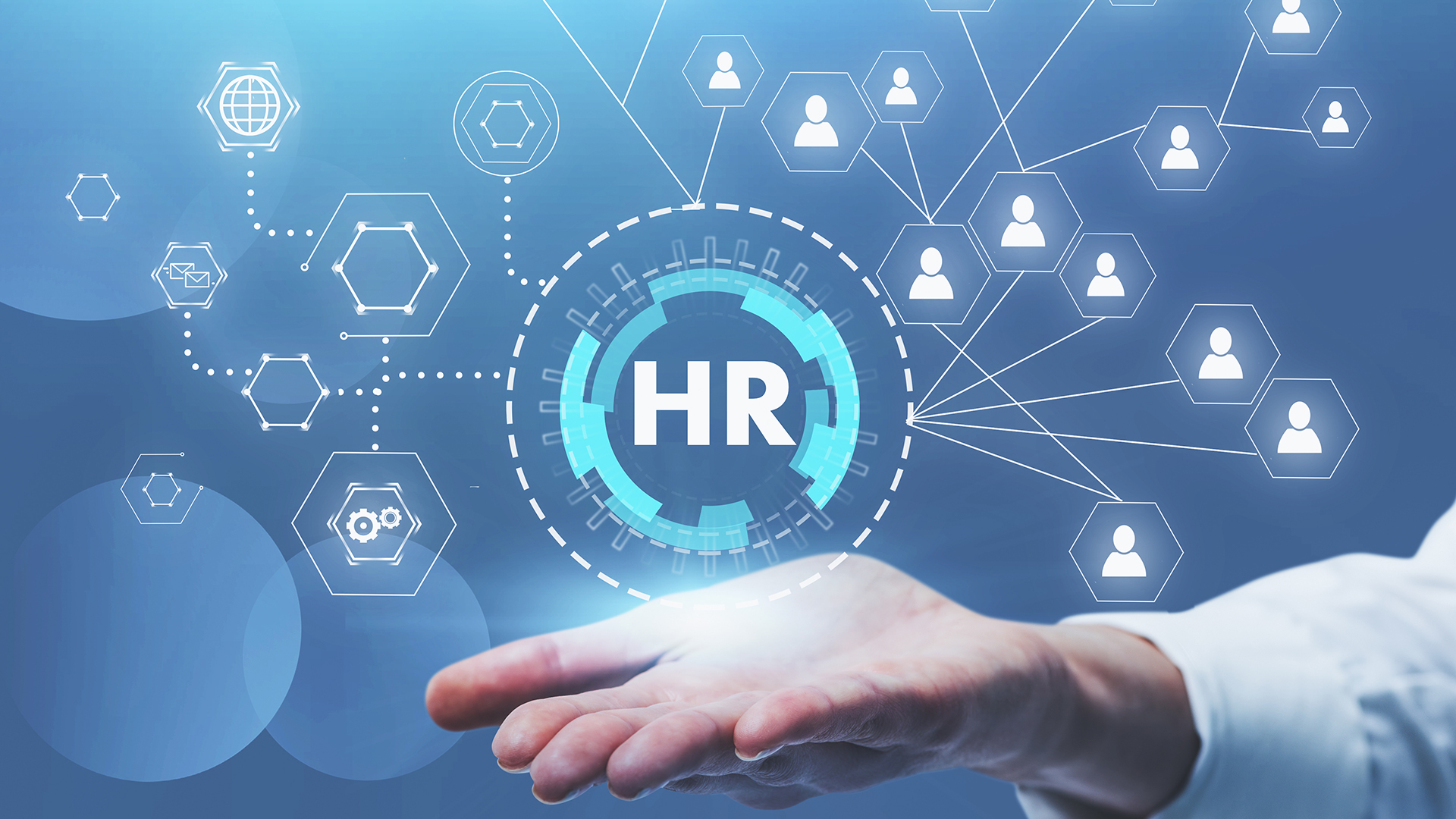 DigiHR-hankkeen pääkuva, käsi kannattelee HR-tekstiä