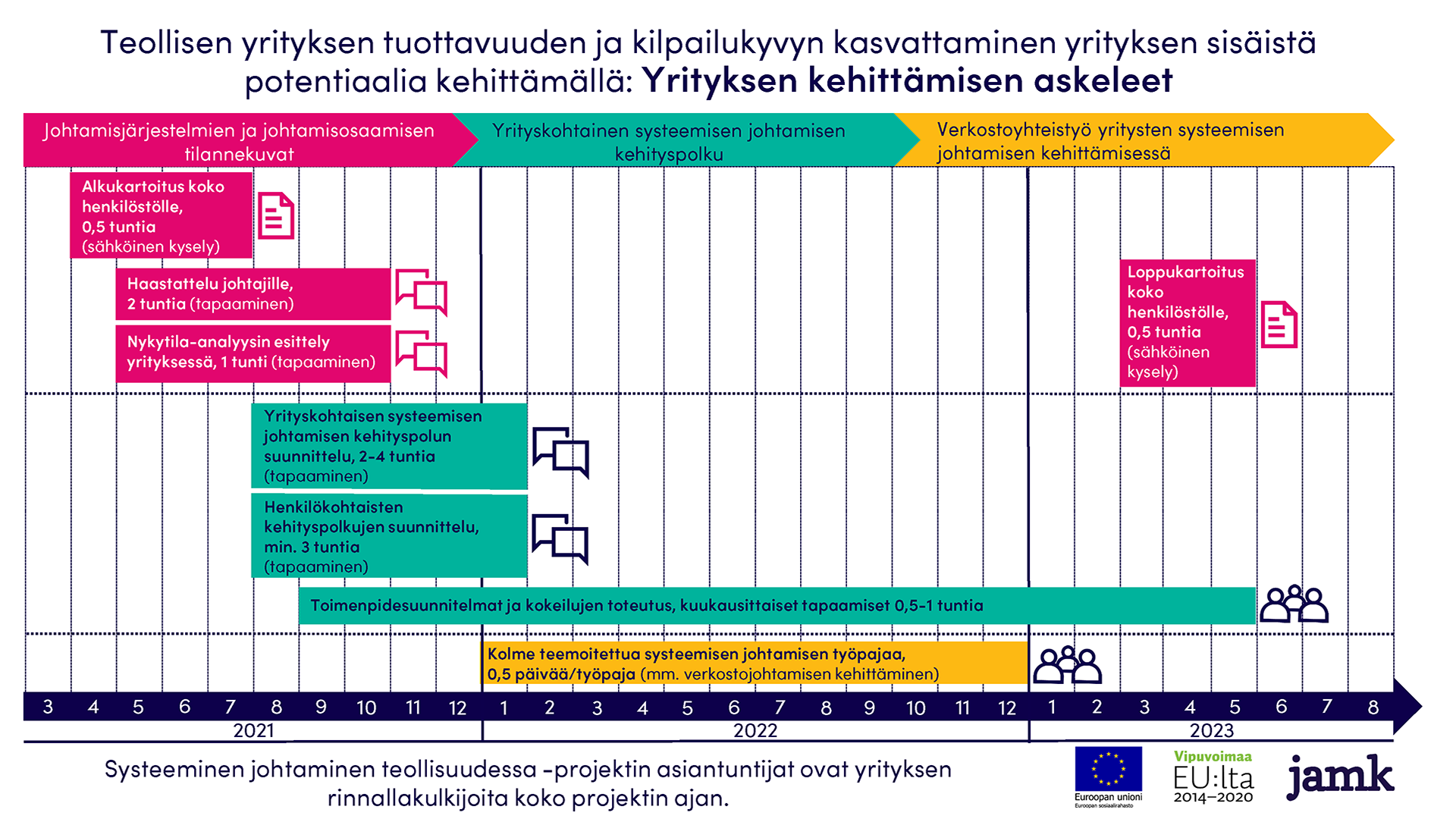 Systeeminen johtaminen teollisuudessa -projekti: Yrityksen kehittämisen askeleet -kuvio