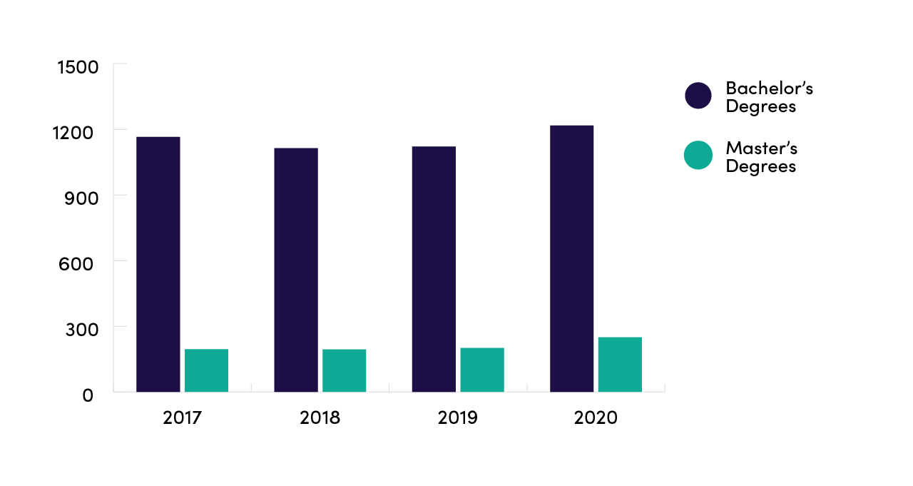 Bachelor's and Master's Degrees in JAMK 2017 - 2020. Numbers also in a table below.