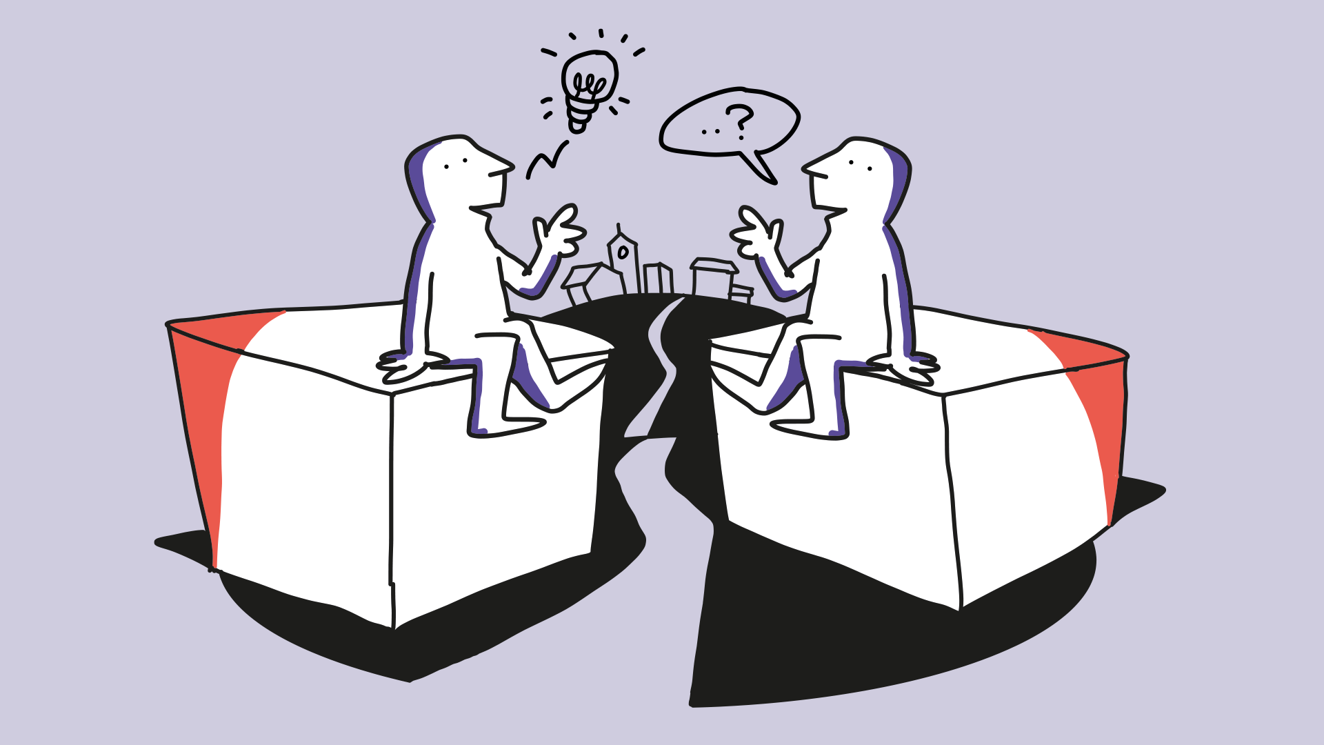 Kaksi hahmoa laatikoiden päällä piirroskuvassa