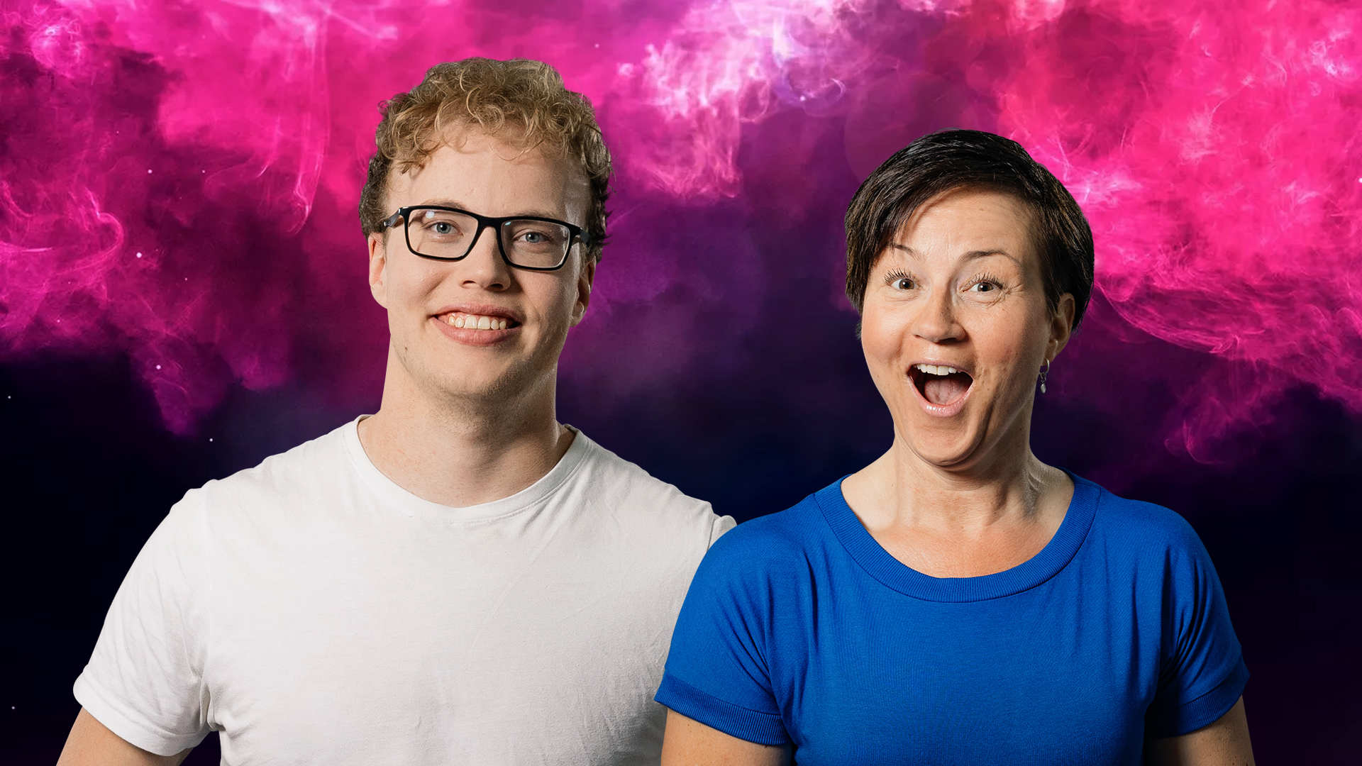 Mies ja nainen värikkään taustan edessä