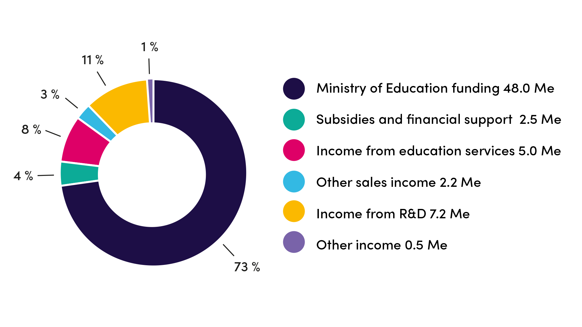 Jamk income 2021: Ministry of Education funding: 48M€, Subsidies and financial support 2.5M€, Income from education services 5.0M€, Other sales income 2.2 M€, Income from R&D 7.2M€, Other income 0.5M€