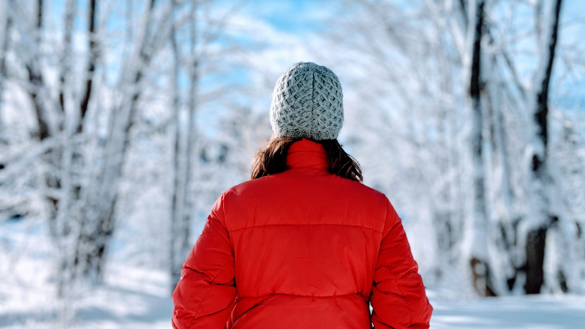 Henkilö katsoo lumista metsämaisemaa.