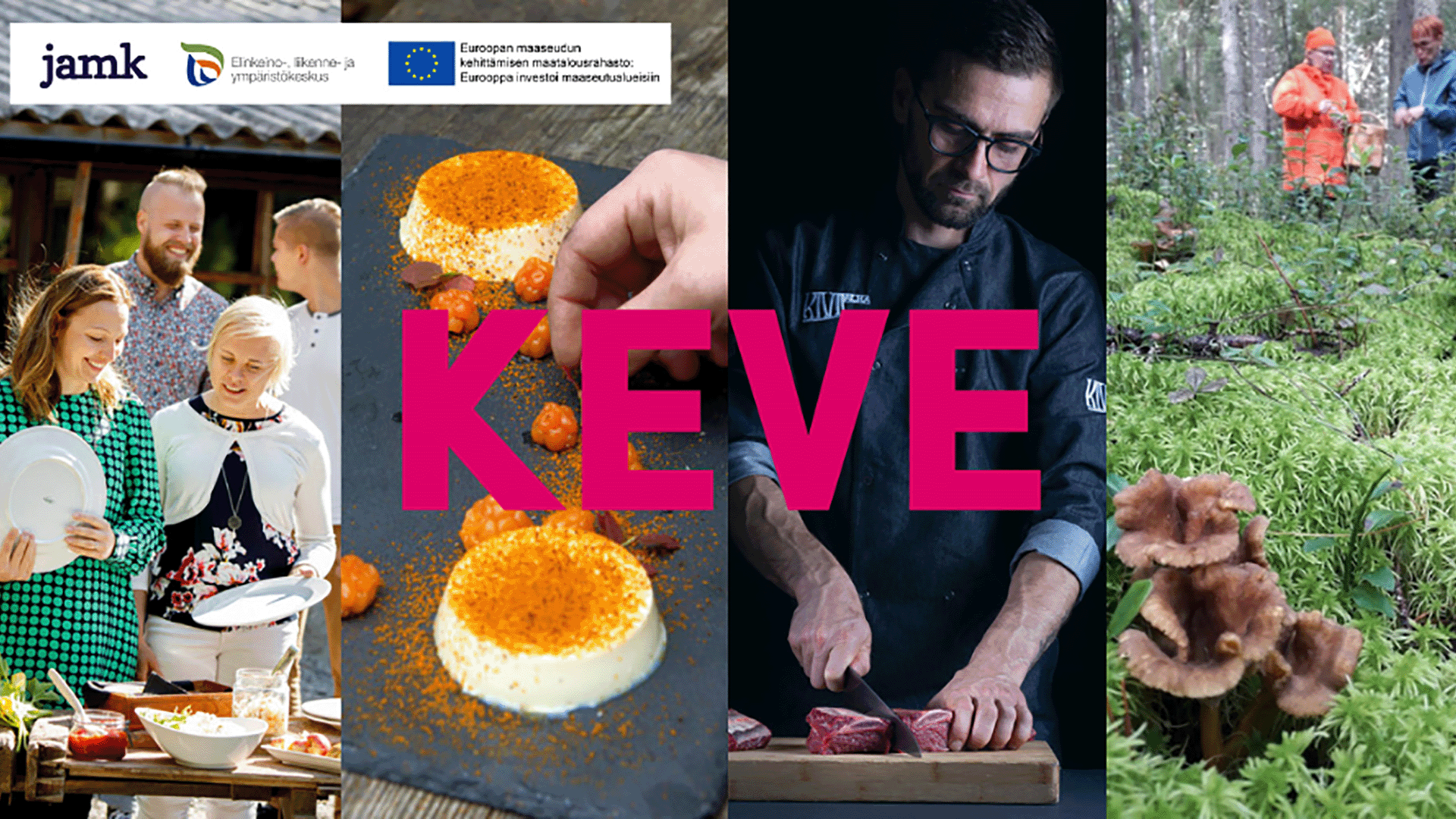 KEVE-hankkeen logo ja taustalla erilaisia kuvia ihmisistä ruoan kanssa.