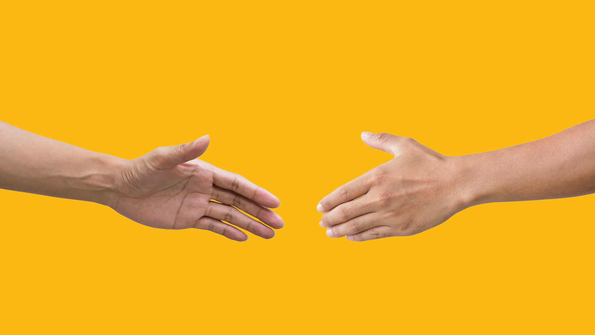Kaksi kättä vaakatasossa tulossa toisiaan kohti.