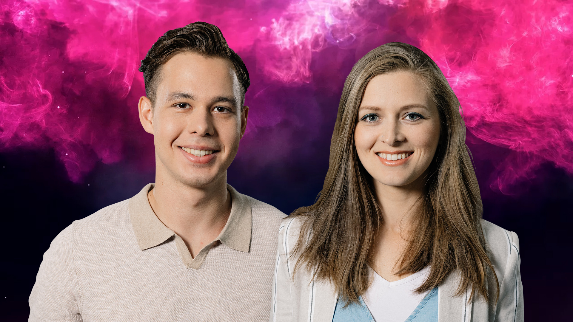 Poika ja tyttö avaruustaustaa vasten