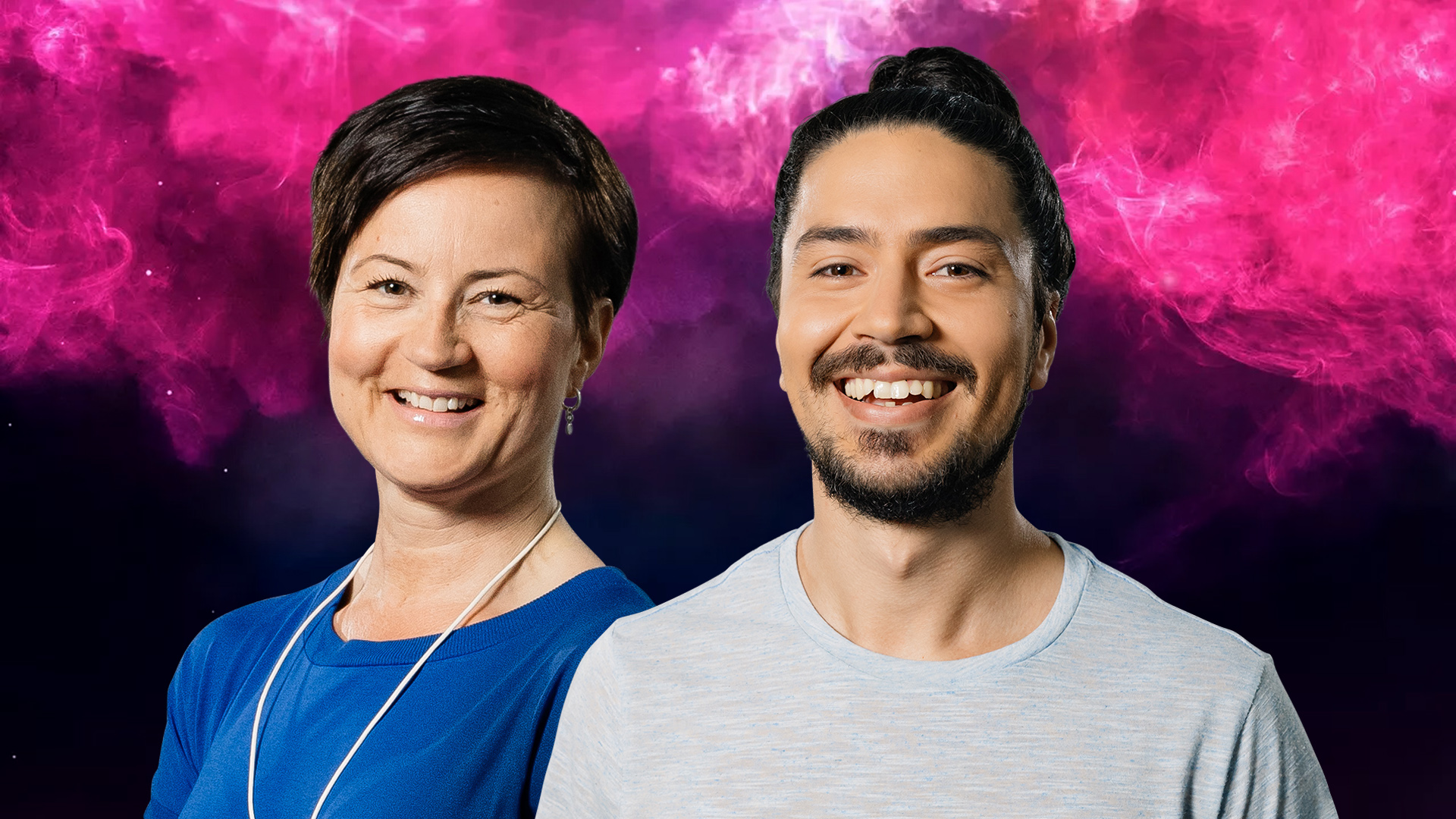 Mies ja nainen värikkään taustan edessä