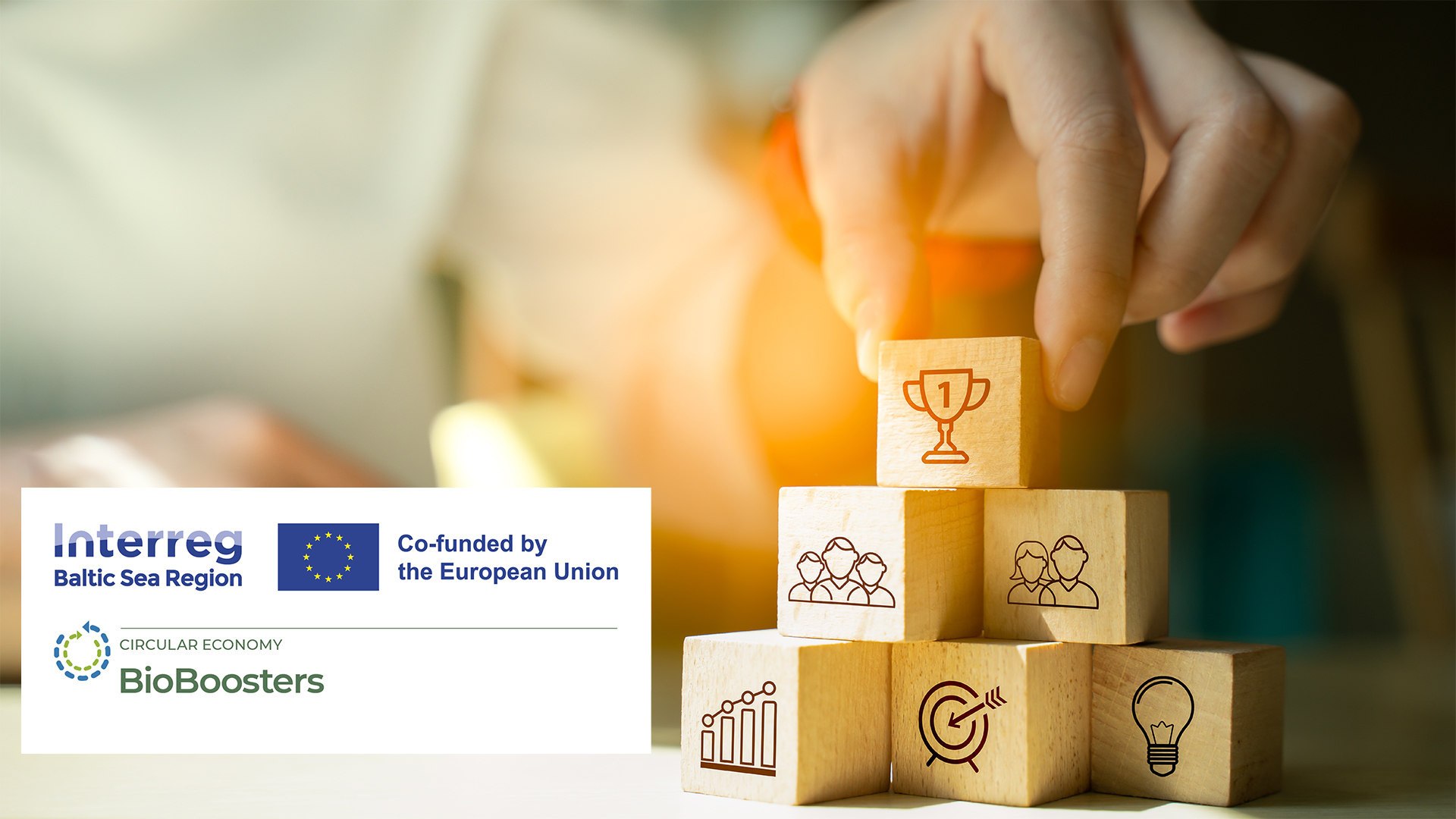 Hand and wooden cubes with Interreg/EU/BioBoosters logos