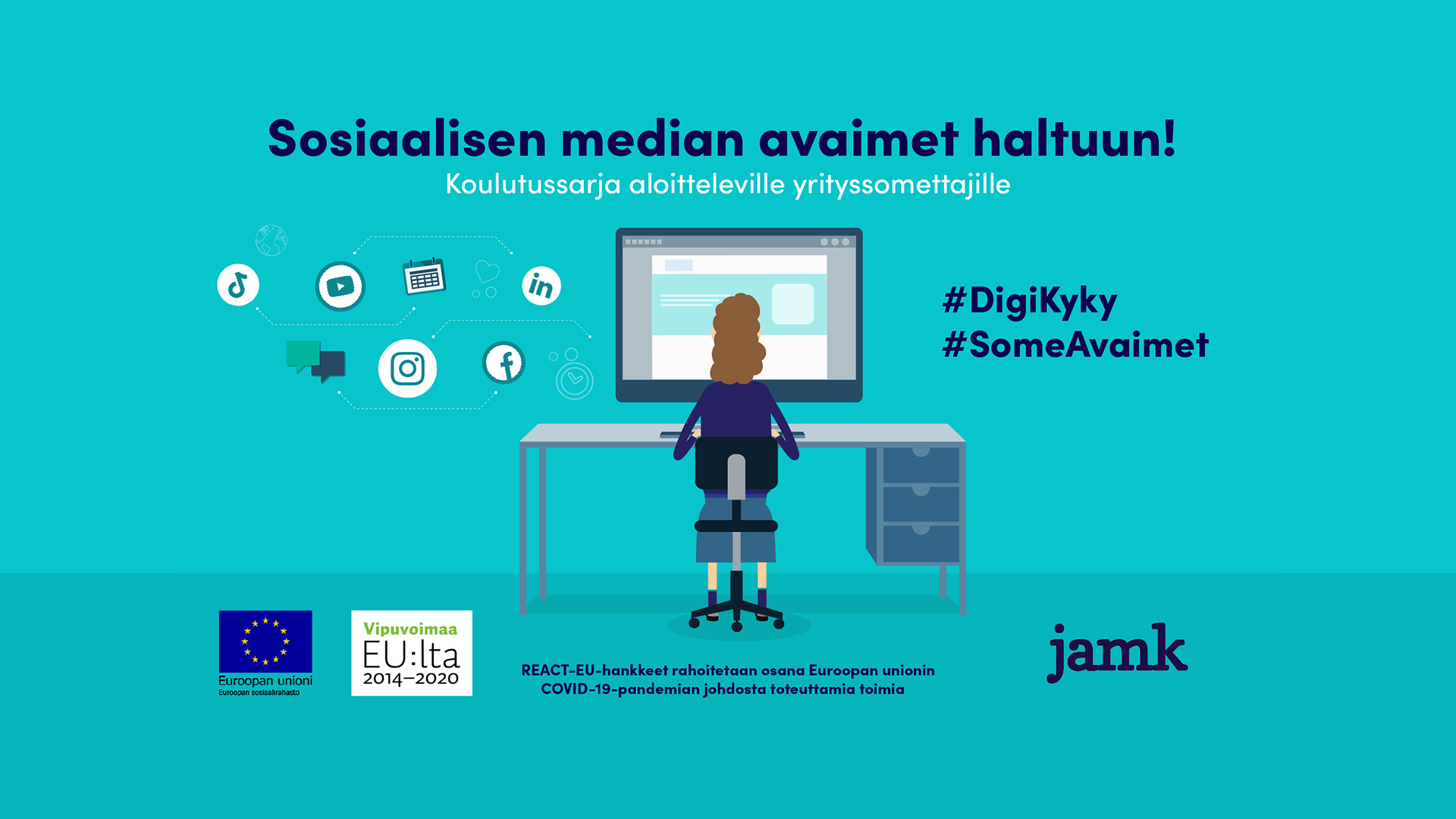 Piirroskuva naisesta tietokoneella, ympärillä somekanavien logoja.