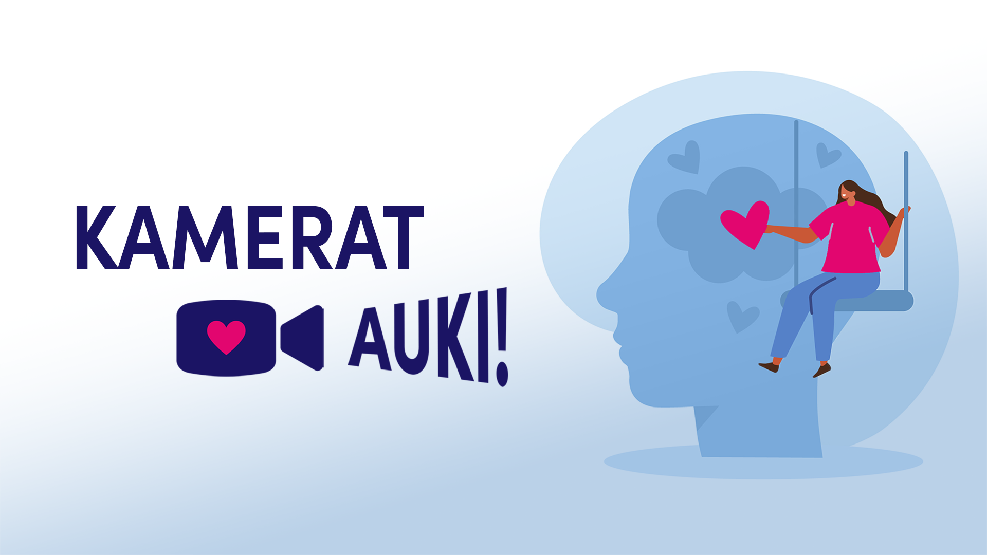 Piirroskuva päästä, johon keinuva henkilö asettaa keskelle sydämen muotoa. Kamerat auki -teksti.