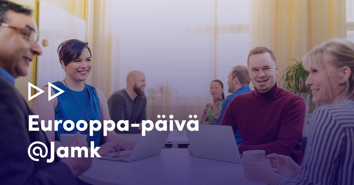 Ihmisiä keskustelmassa pöytien ääressä. Kuvassa teksti Eurooppa-päivä @Jamk
