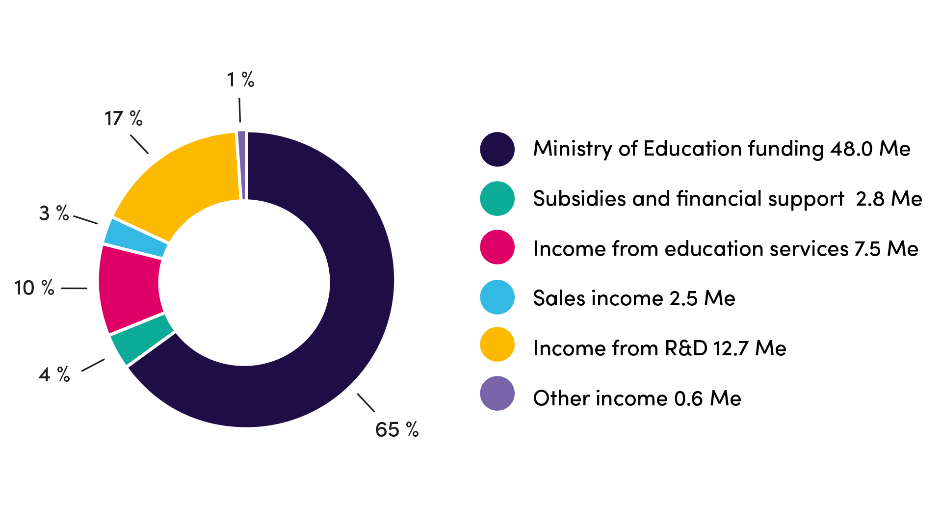 The distribution of Jamk's income statement revenues: Ministry of Education Funding: 48 M€; Subsidies and financial support: 2.8 M€; Income from education services: 7.5 M€; Sales income: 2.5 M€; Income from R&D: 12.7 M€; Other income: 0.6 M€