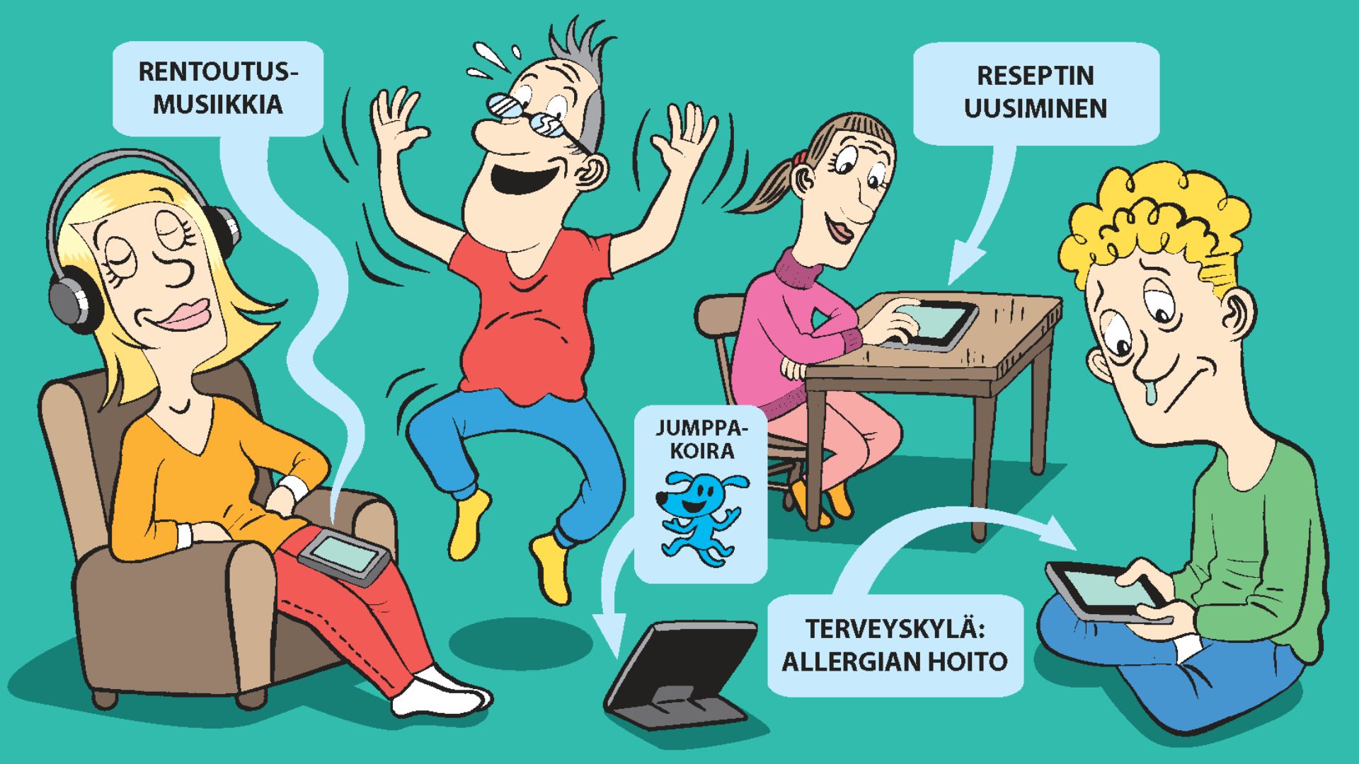 Jumppaava, rentoutuva ja nuhainen henkilö hyödyntämässä digiä hyvinvoinnin edistämiseksi.