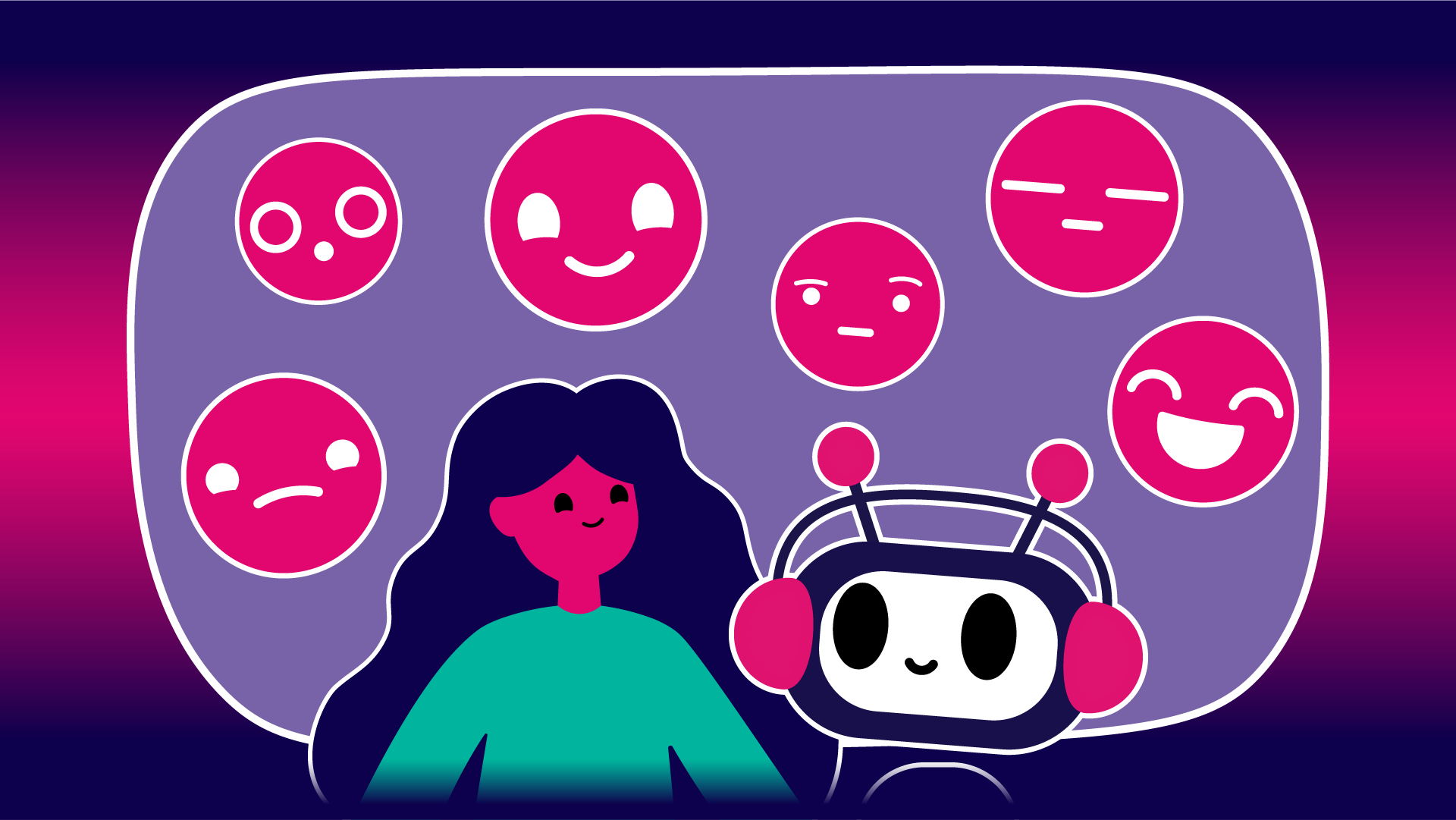 Ihminen ja chatbot ovat vierekkäin ja takana leijuu erilaisia hymiöitä