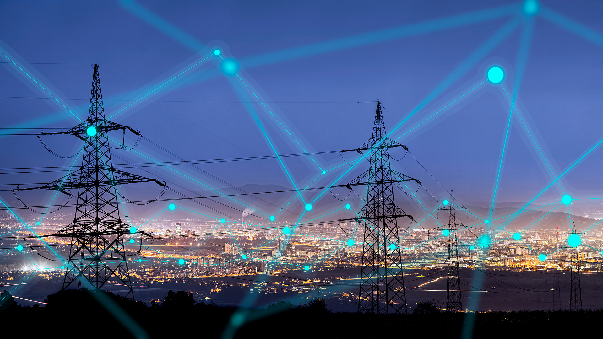 Sähkölinjastoja kaupungin yllä