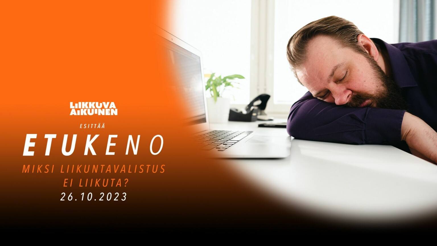 Etukeno webinaarin mainos. Henkilö torkkuu työpöydän ääressä.