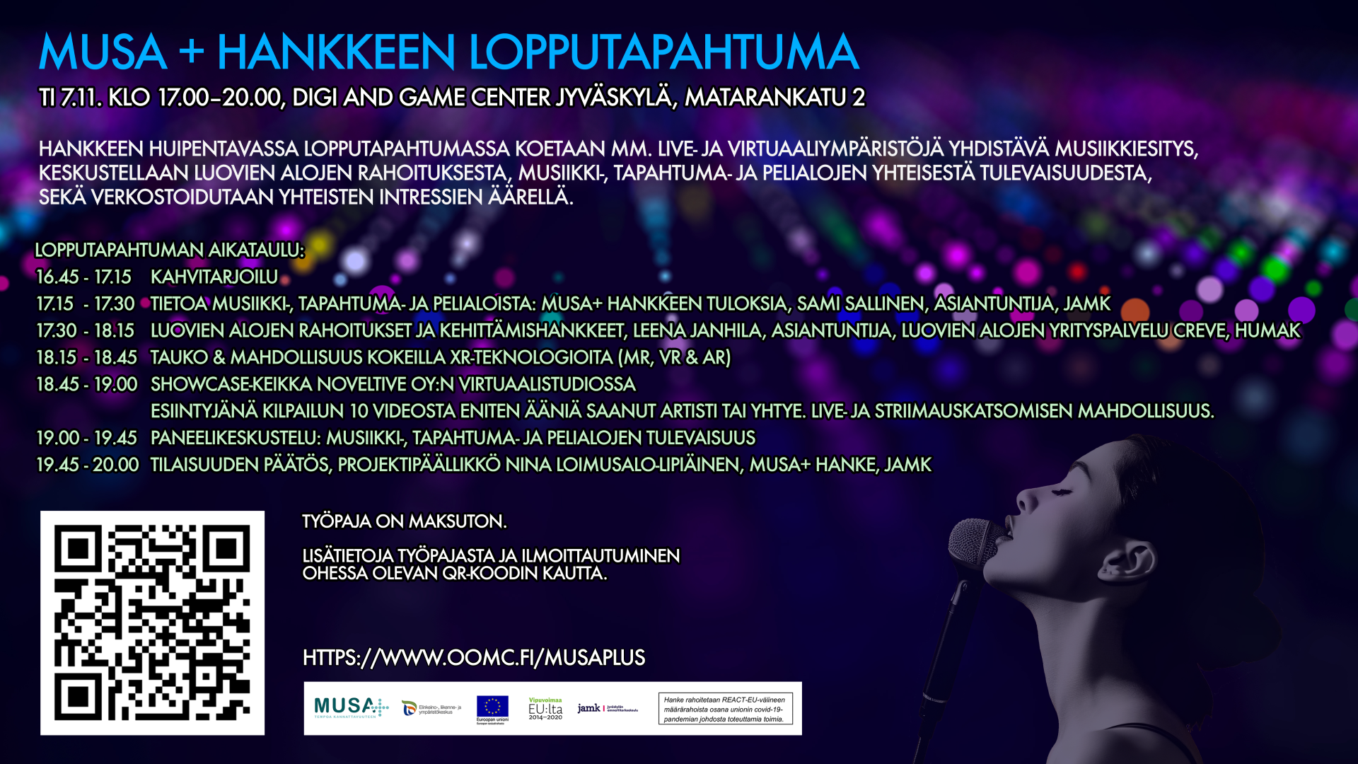 Musaplus hankkeen lopputapahtuman kuva, jossa kuvattuna tapahtuman aikataulu