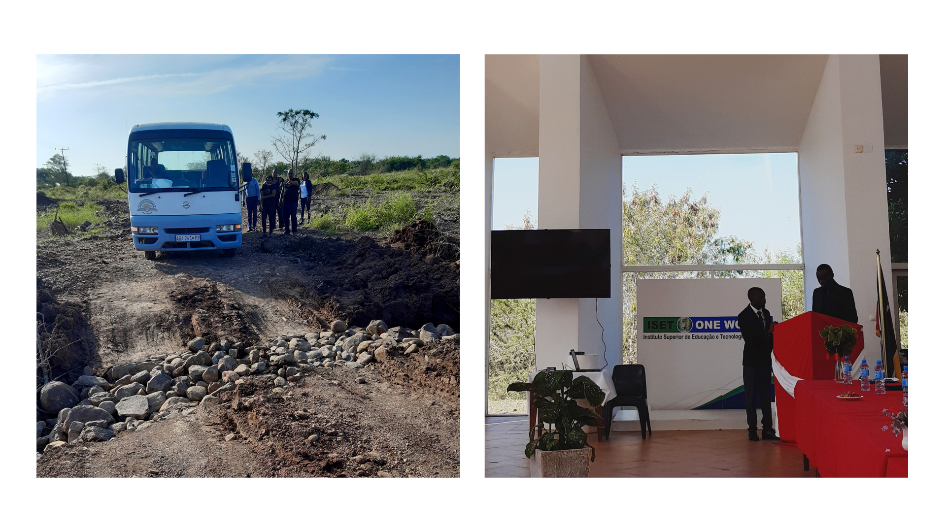 Two photos from Mozambique: one with a broken road and a mini bus. Other one from a school auditorium, with two men standing, a flag standing in front of the room and large windows.