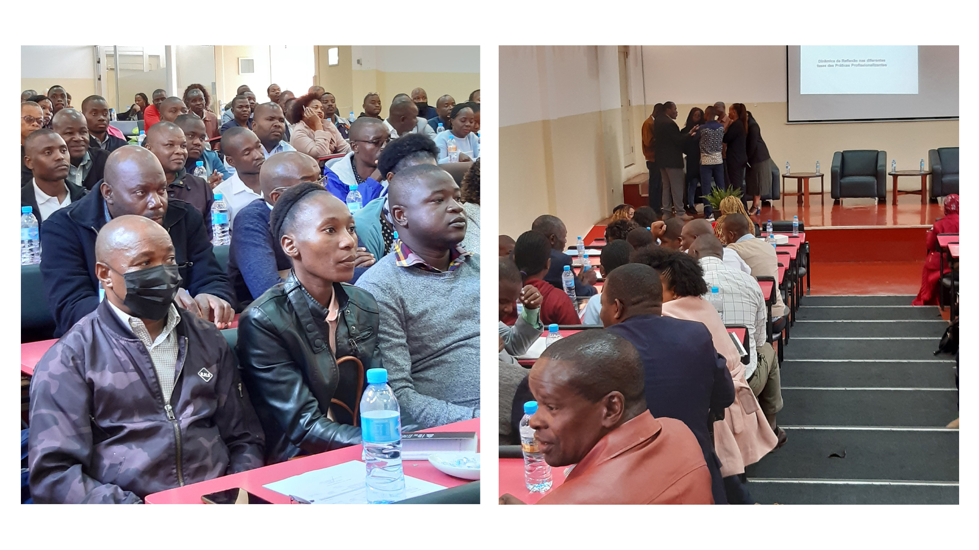 Groups of people attending a training in auditorium.