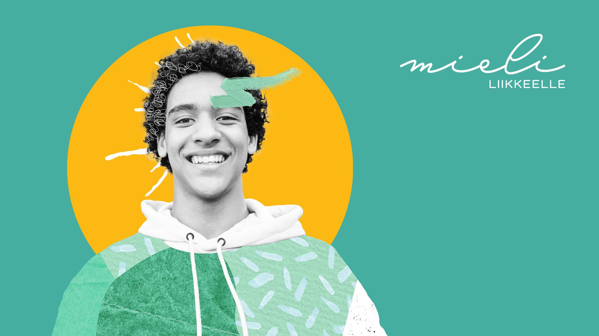 Nuori henkilö katsoo kameraan ja nauraa. Oikeassa yläkulmassa Mieli liikkeelle -hankkeen logo.