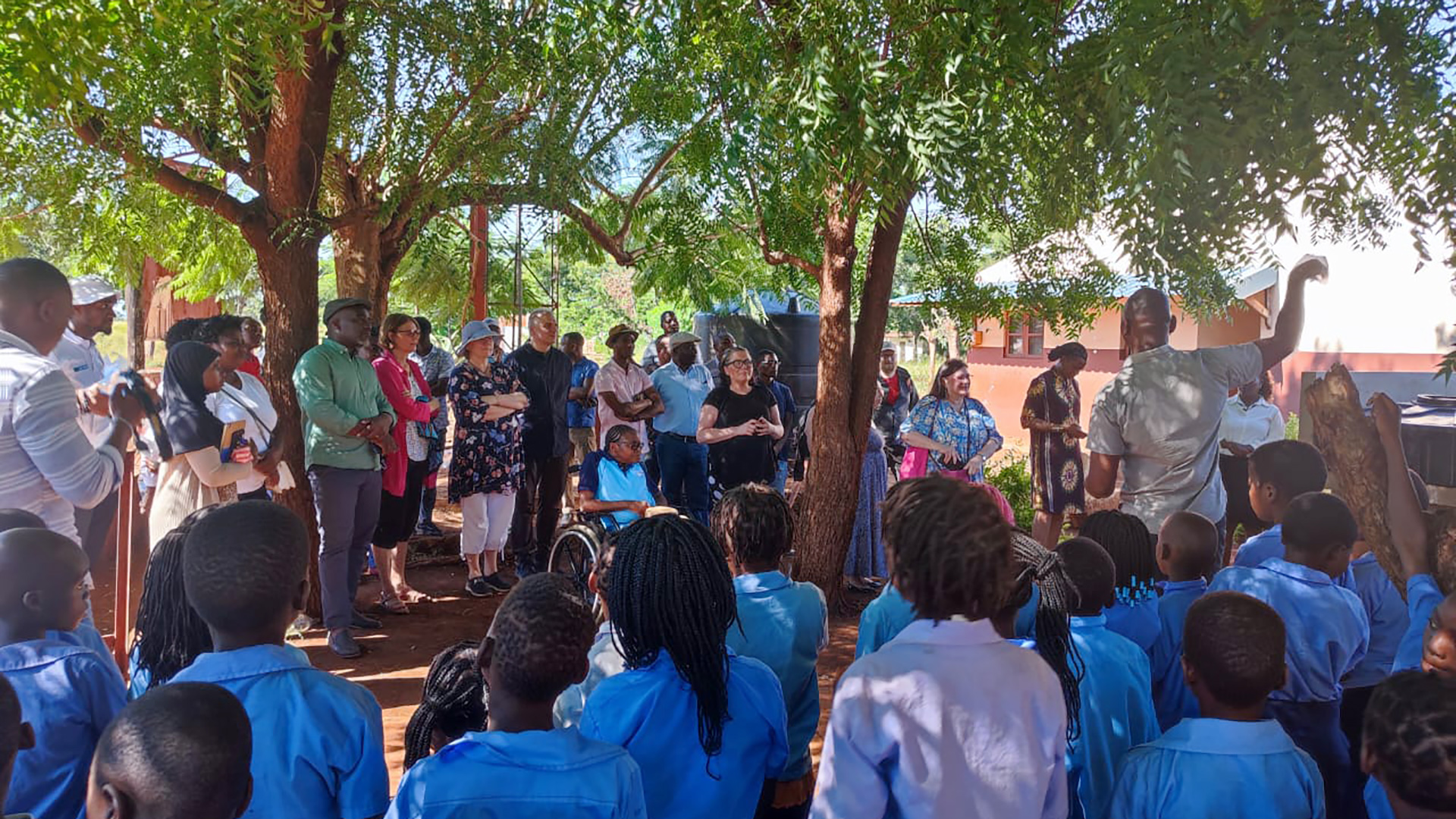 A large group of adults and school children in school uniforms standing under large trees at school yard in Changalane.