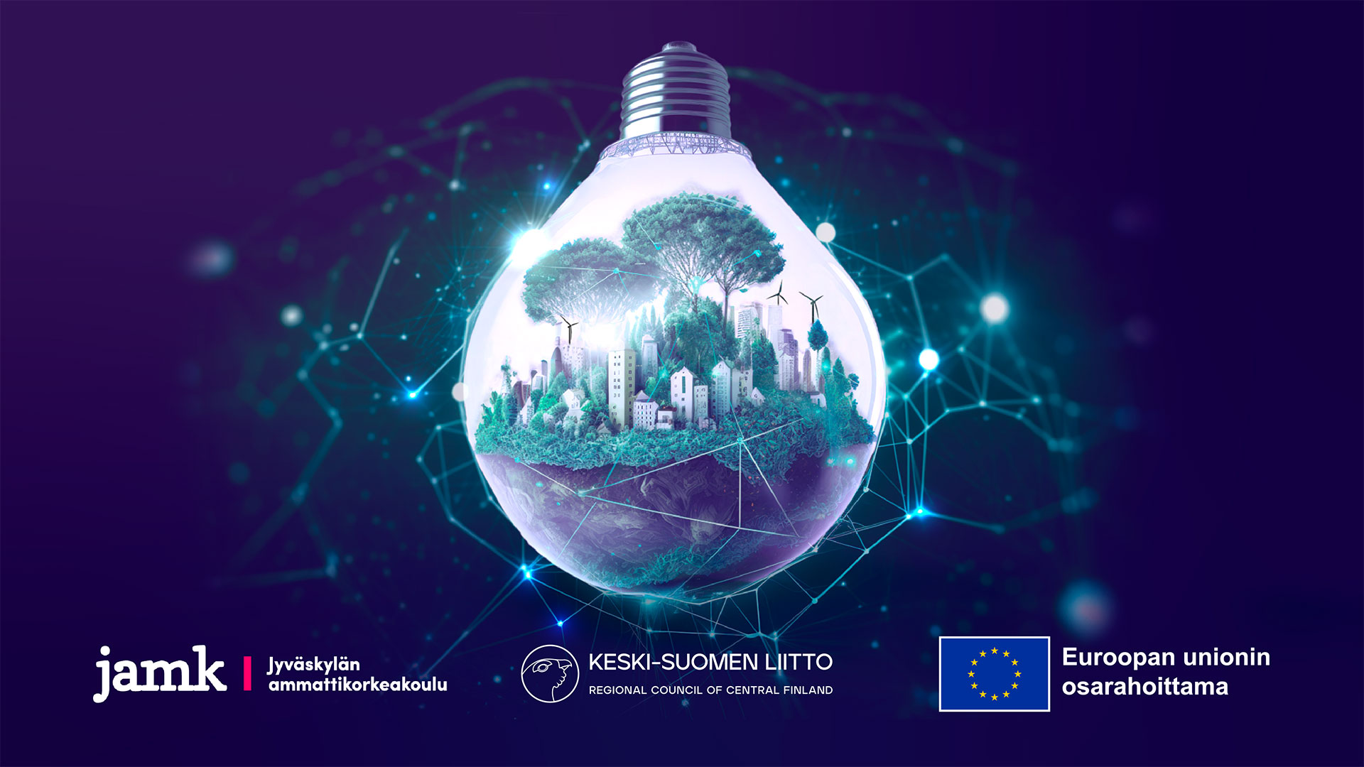 Hehkulamppu, jonka sisällä kestäviä energiavaihtoehtoja kuvaava maisema