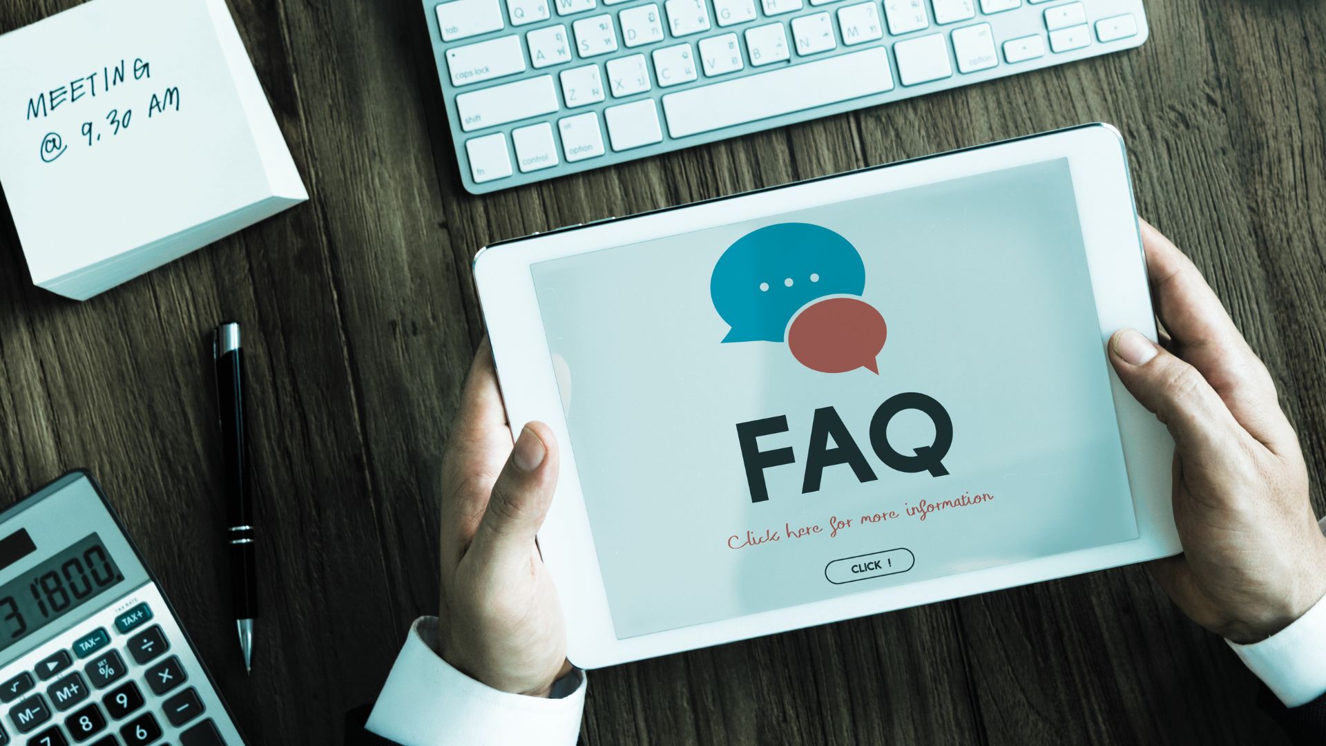 tablet device that has the word FAQ on it