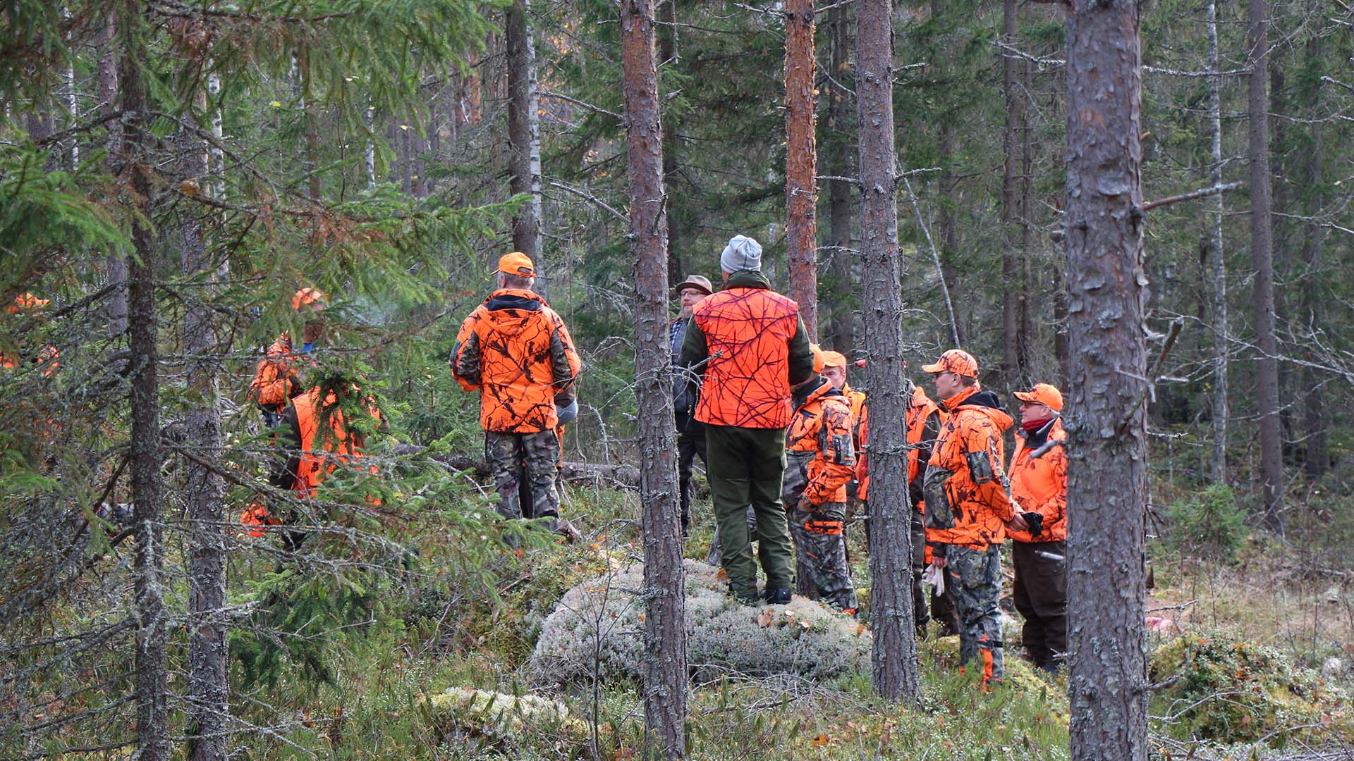 Metsästäjiä kokoontuneena metsässä.