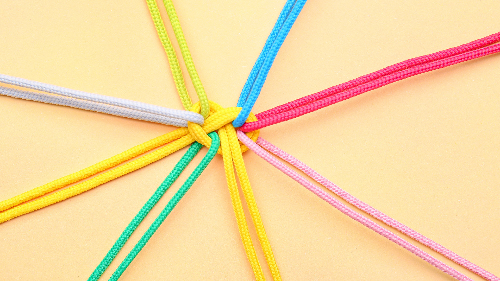 Kahdeksan nyöriä yhdistyy solmuun kuvan keskellä.