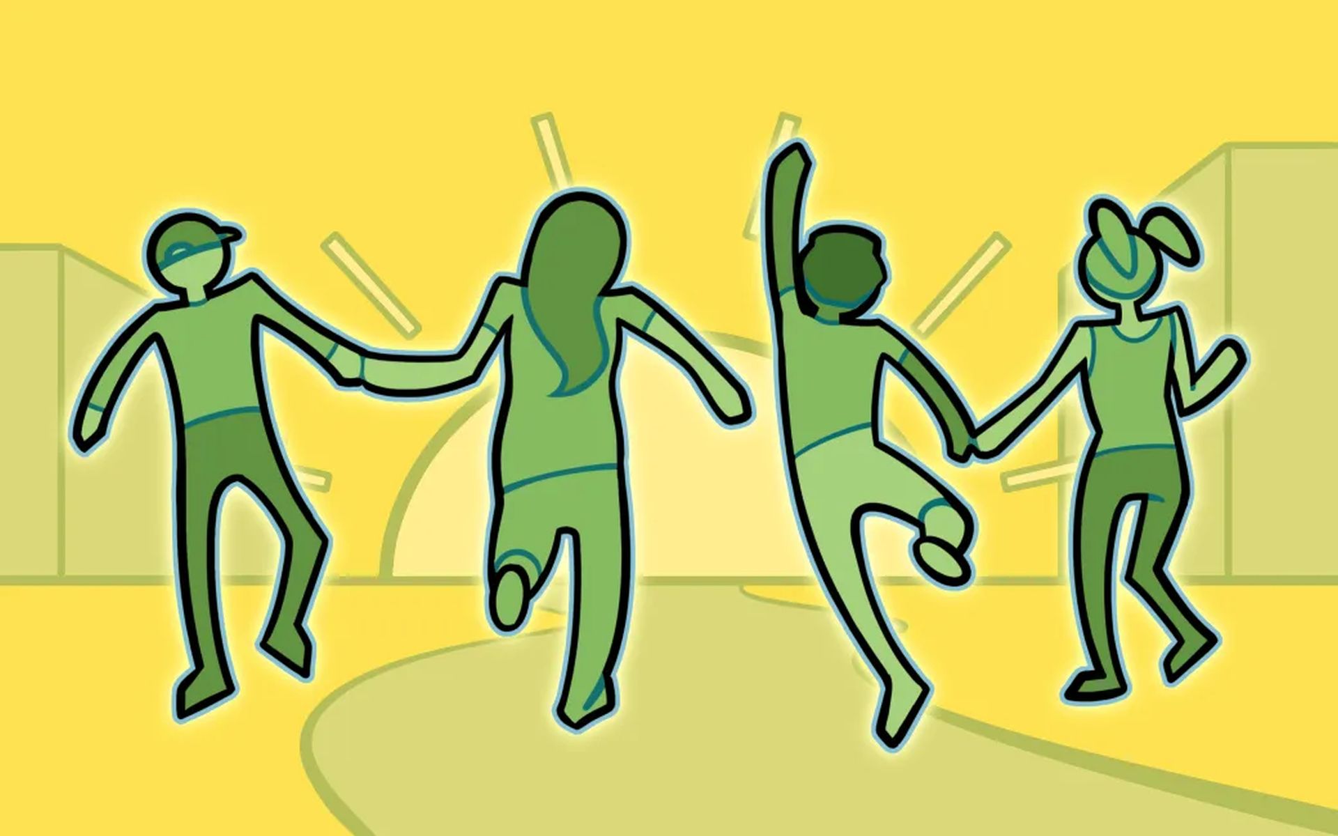 Piirros, jossa nuoria juoksee käsi kädessä.