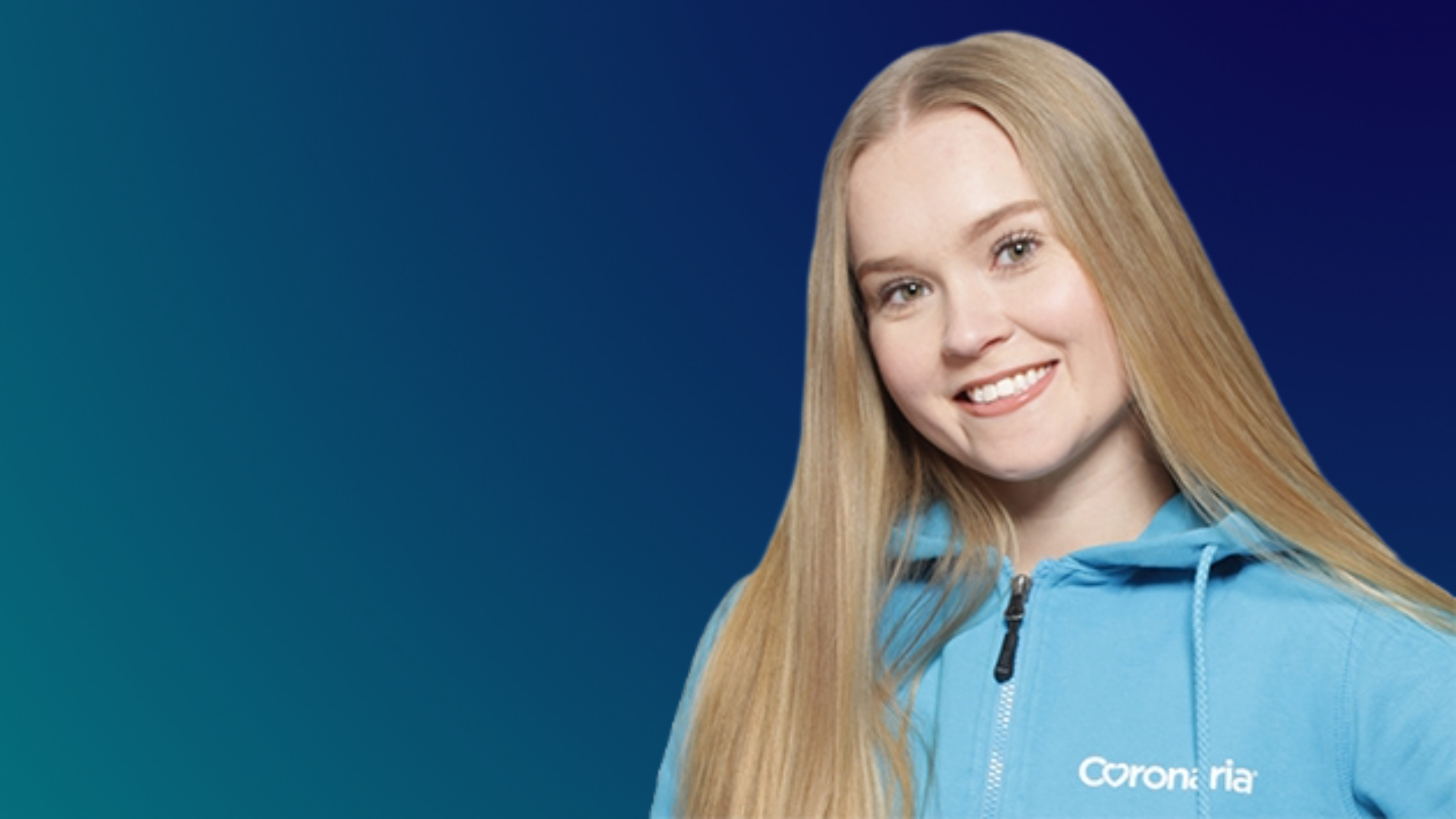 Vaaleahiuksinen nainen jonka päällä turkoosi Coronarian huppari