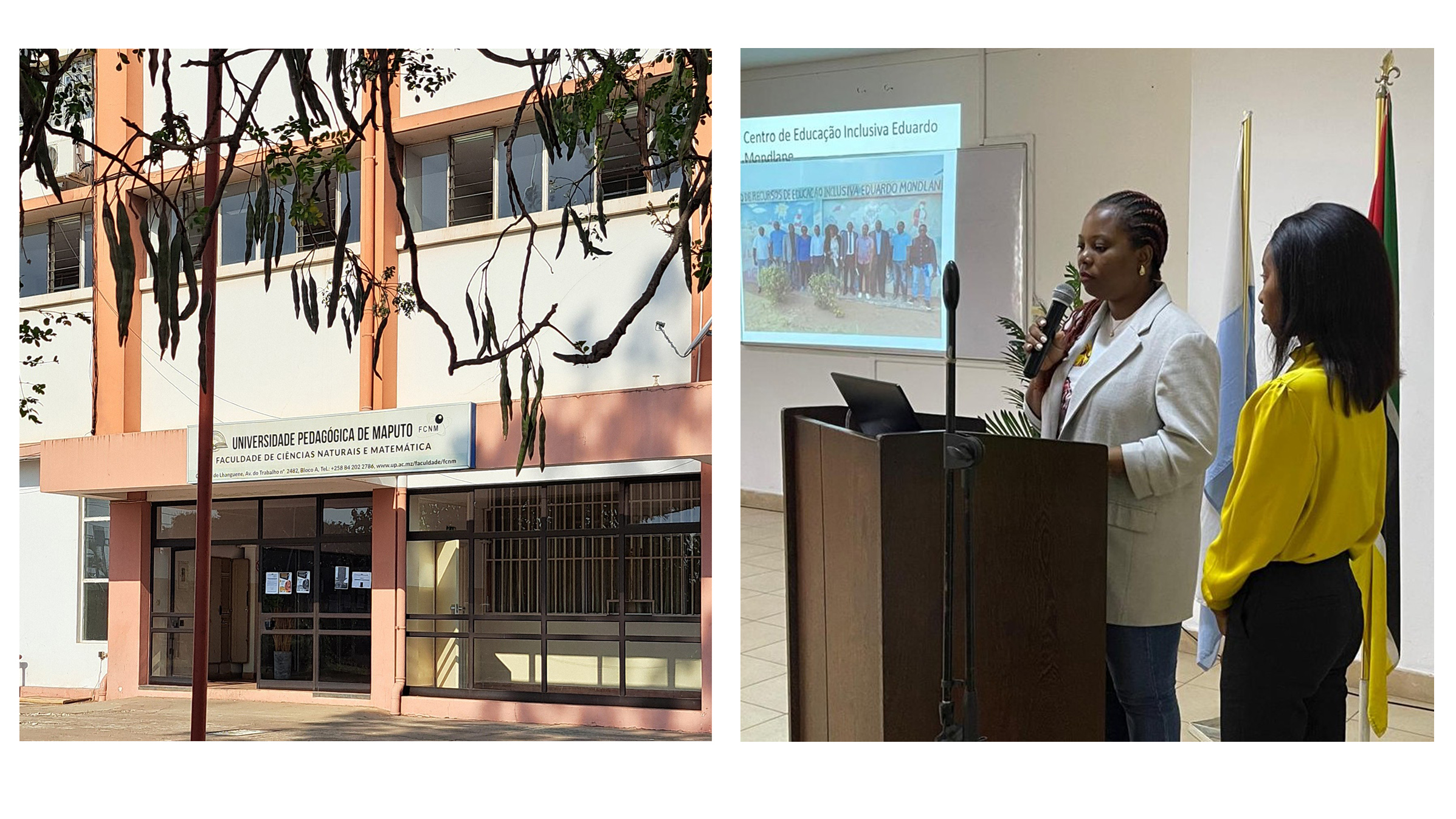 Pedagogical university of Maputo and two women presenting in front of a class