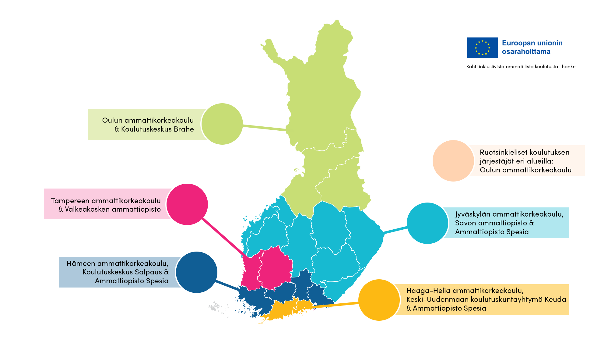 Suomen kartalla jaetut toiminta-alueet ja niiden vastuutahot.