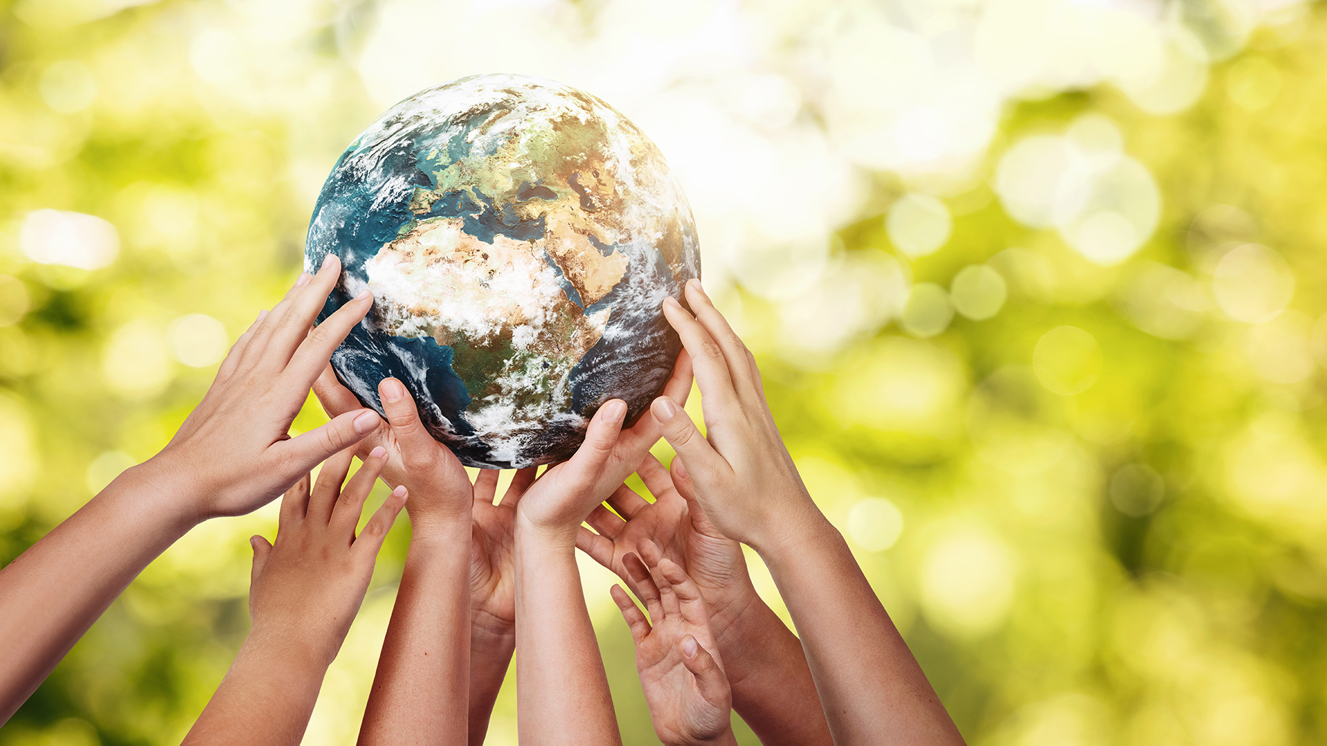 A group of people holding planet Earth in their hands