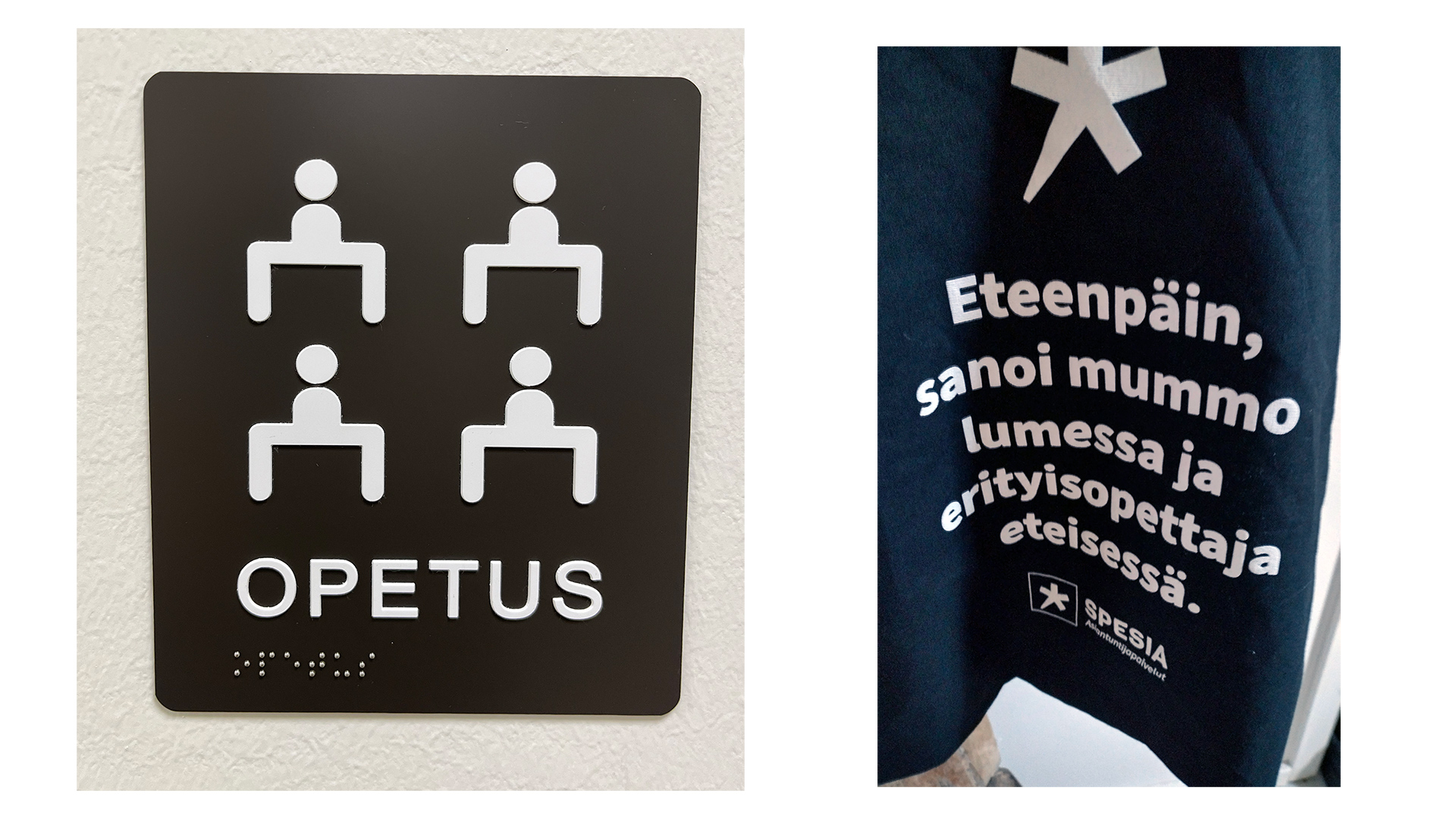 Opetus-kohokyltti, jossa pistekirjoitusta ja pulpeteissa istuvia ihmisiä esittäviä kuvioita.