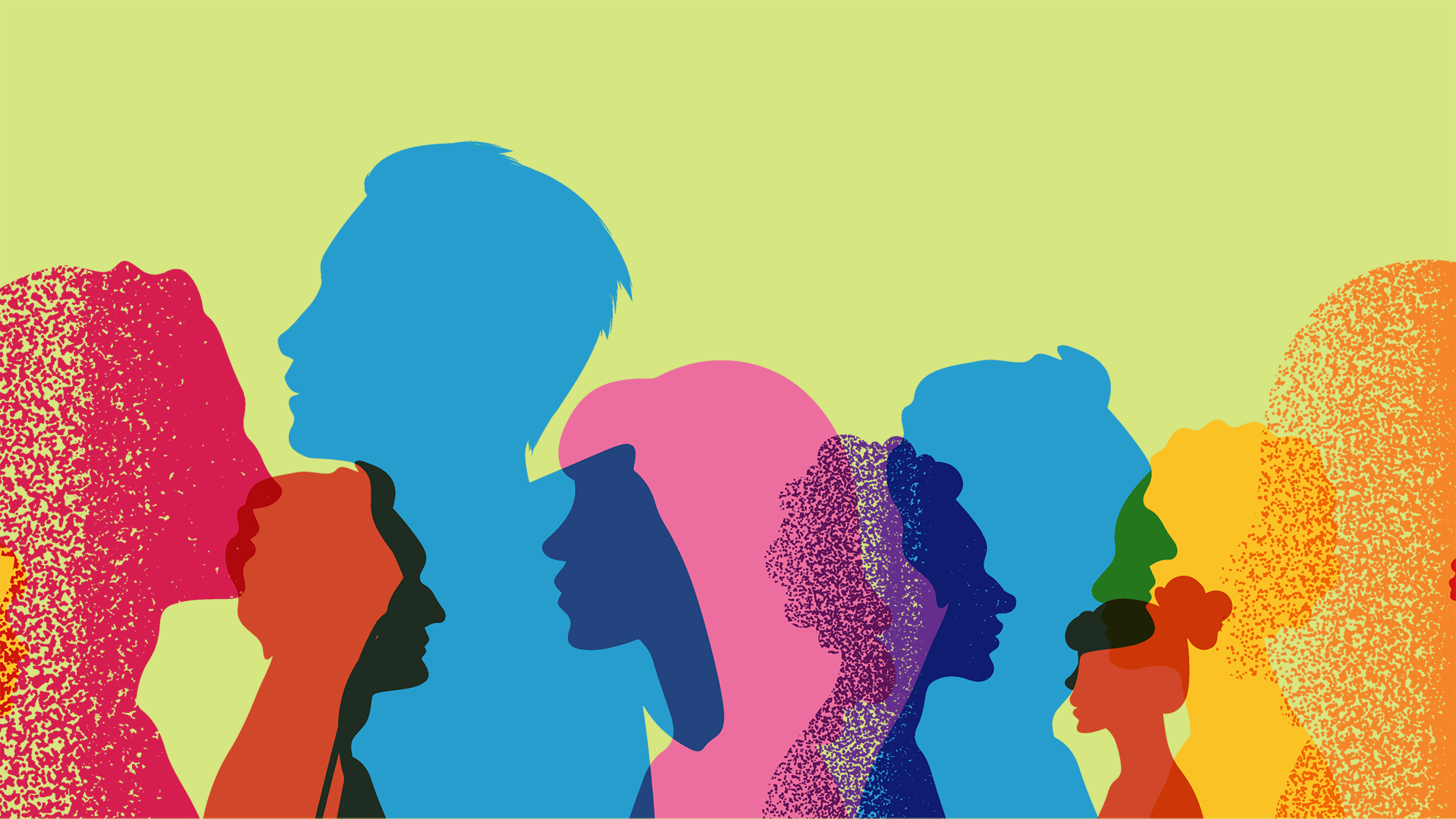 Erilaisia ja eri värisiä ihmisten silhuetteja osittain toistensa päällä