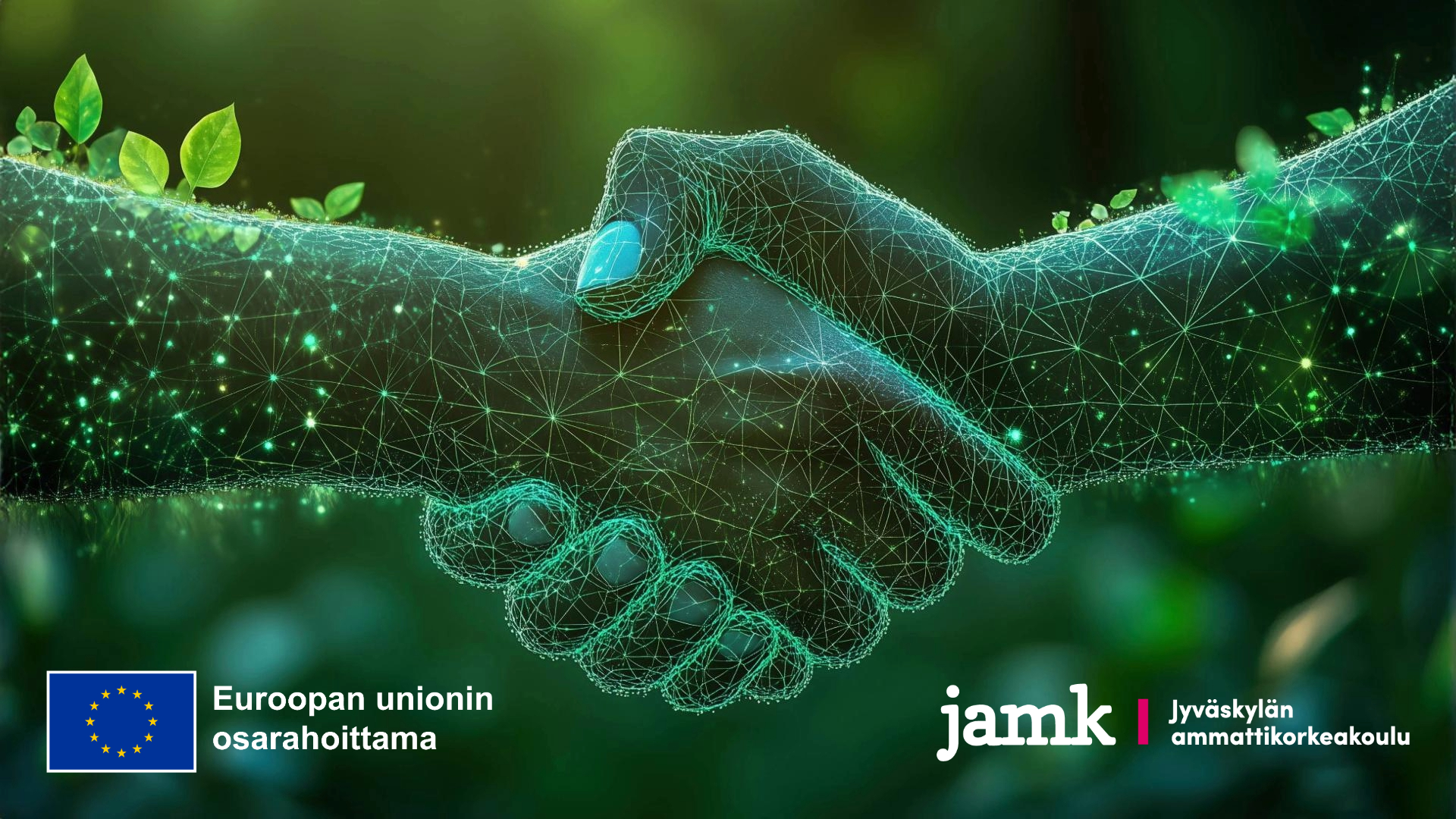 Kaksi henkilöä, joilla on vihreä iho ja ihosta kasvaa lehtiä, kättelee