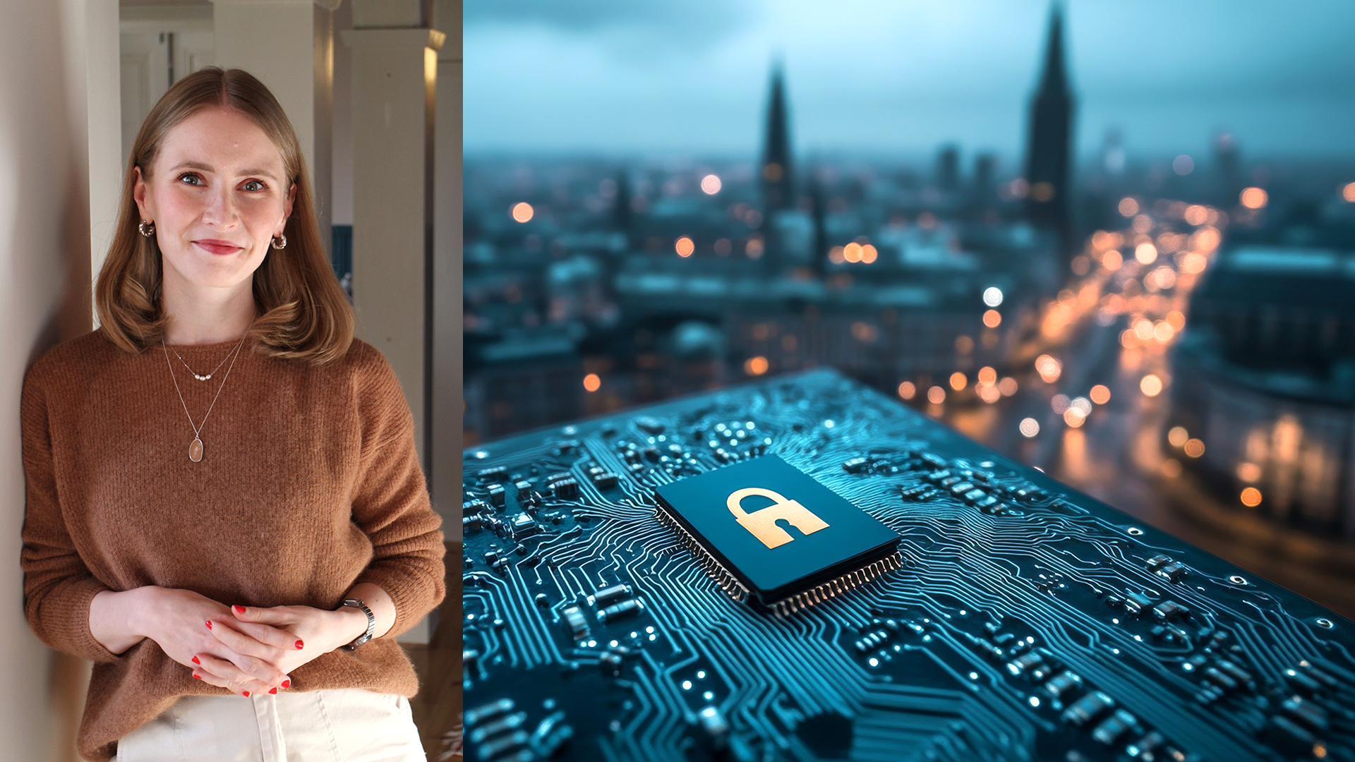 Milla Keller ja vieressä myrskyinen kaupunkimaisema, jonka edessä virtapiiri ja lukko