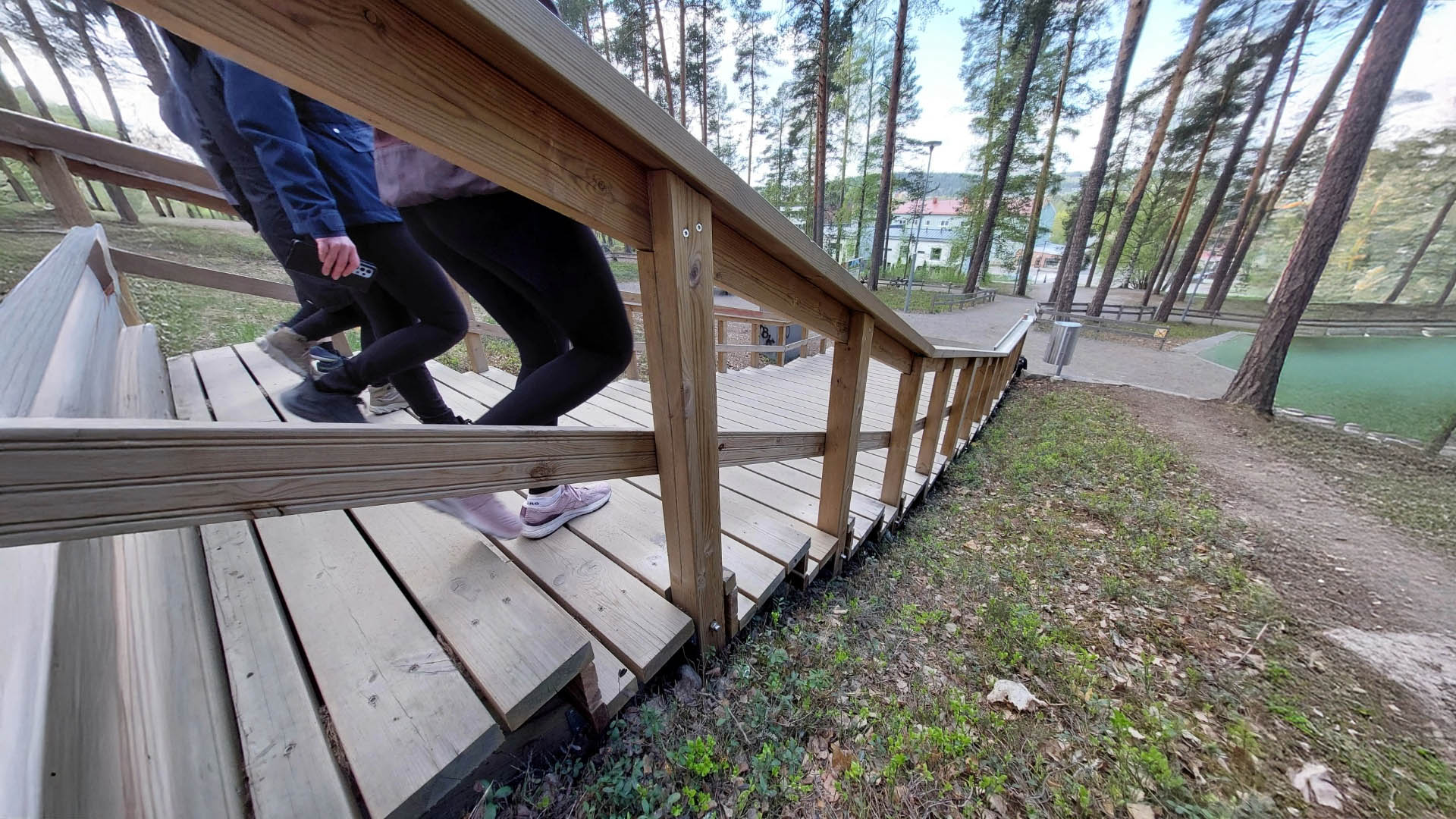 Kävelijöitä portailla puita ympärillä.