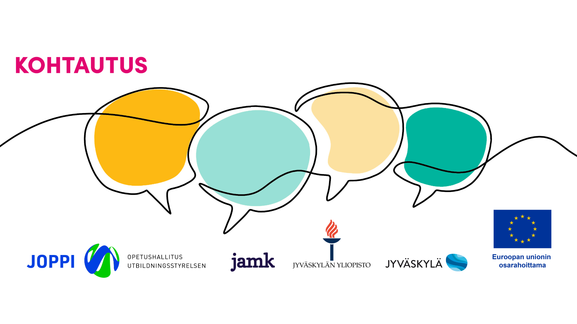 Piirroskuvassa erivärisiä puhekuplia sekä logoja