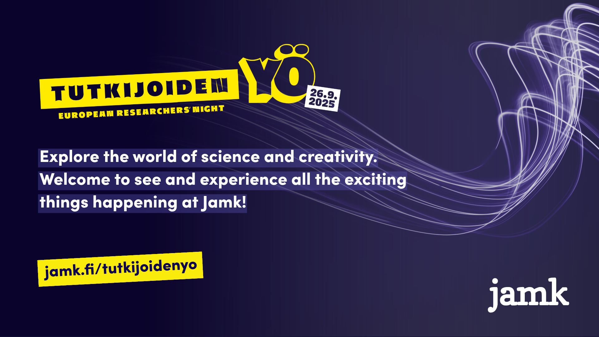 A dark purple-toned image with light streaks in the background. The image features a yellow Researchers’ Night logo.