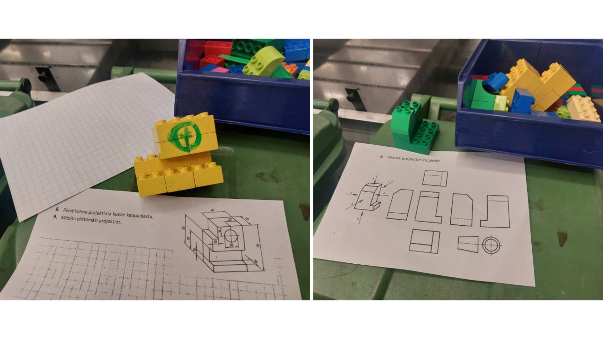 Kaksi työpiirustusta ja Lego-malli, jossa tussilla piirretty kuvio. Lego Duplo -palikoita laatikossa.