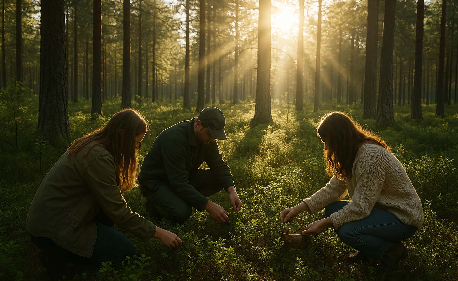 Kolme marjastajaa on metsässä