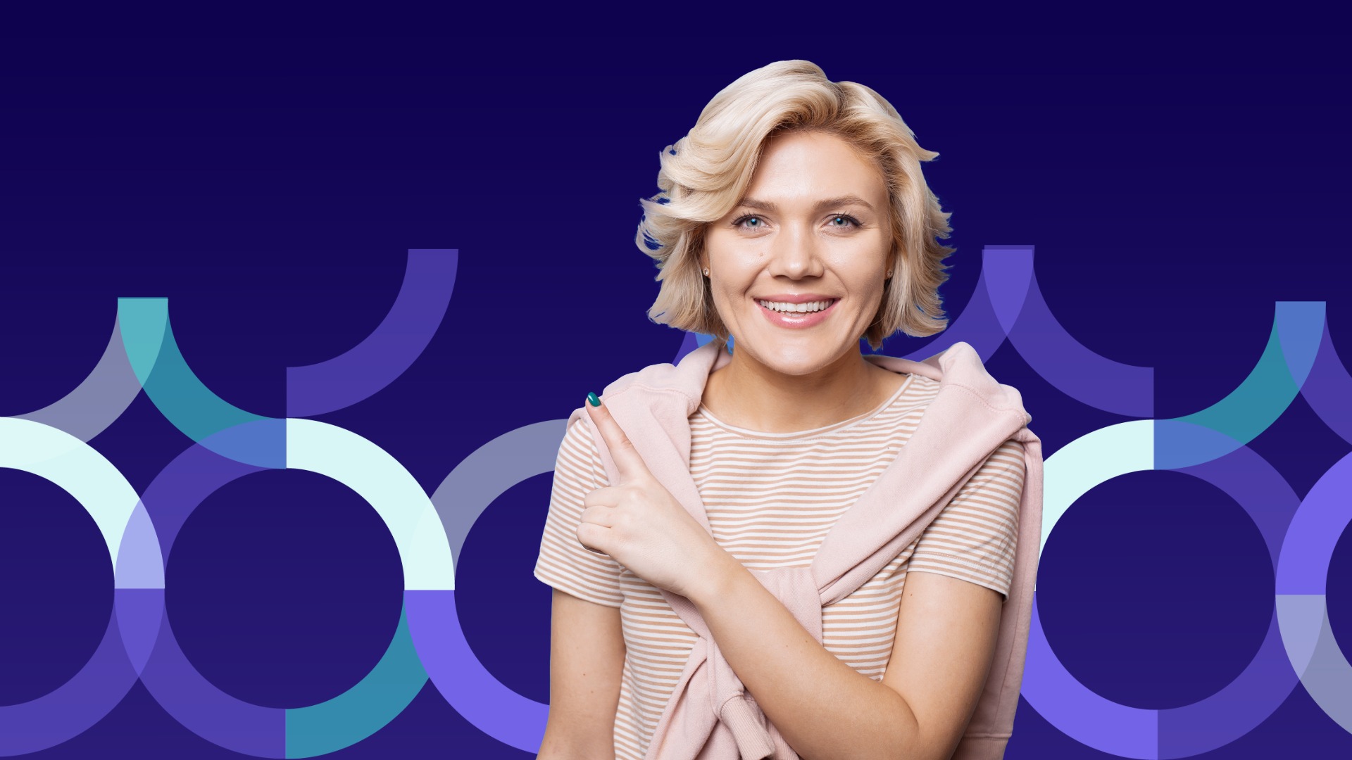 Vaalea nainen osoittaa ylös sormella