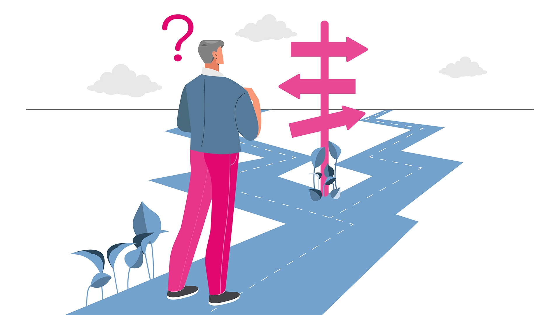 Henkilö katsoo edessä näkyvää tienristeystä ja eri suuntiin osoittavia nuolia.